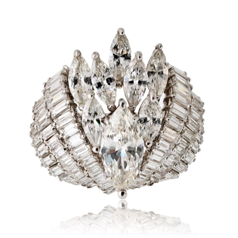 1960s Platinum 8 Carat Vintage Diamond Cocktail Ring: 1960s Platinum 8 Carat Vintage Diamond Cocktail Ring This exquisite 1960s estate cocktail diamond ring is a perfect embodiment of vintage elegance. Crafted in luxurious platinum, this ring weighs 17.6