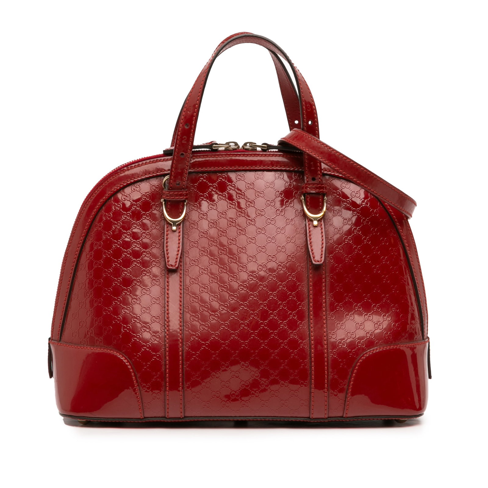 Gucci Microguccissima Patent Leather Red Nice Dome Satchel with Strap: Gucci Microguccissima Patent Leather Red Nice Dome Satchel with Strap This Gucci Small Microguccissima Patent Nice Dome Satchel features a red patent leather body with the signature Microguccissima pa