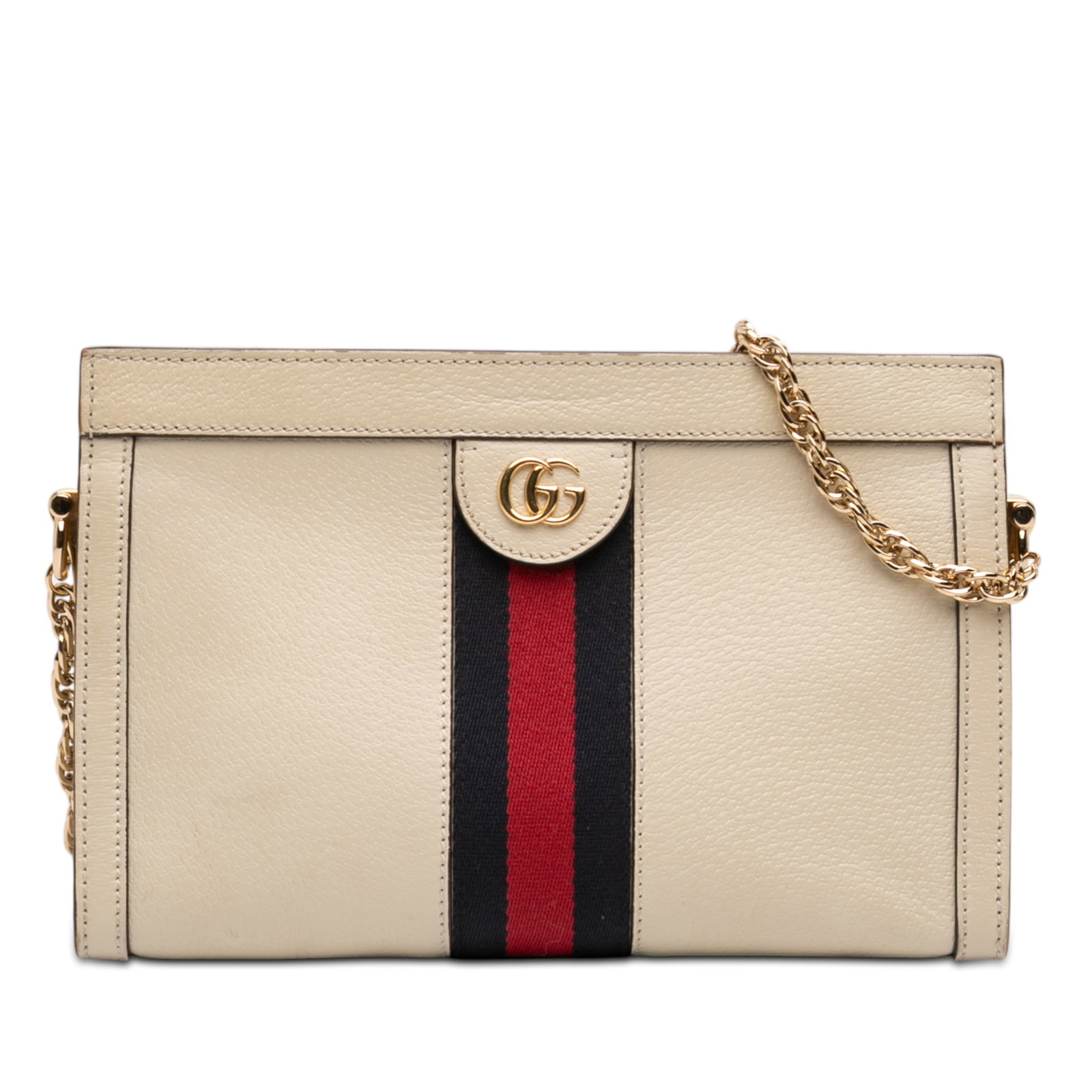 Gucci Ophidia Small Leather Crossbody Bag with Chain Strap: Gucci Ophidia Small Leather Crossbody Bag with Chain Strap The Gucci Small Calfskin Web Ophidia Chain Crossbody features a leather body with web trim, a gold tone chain strap, a top zip closure, and a