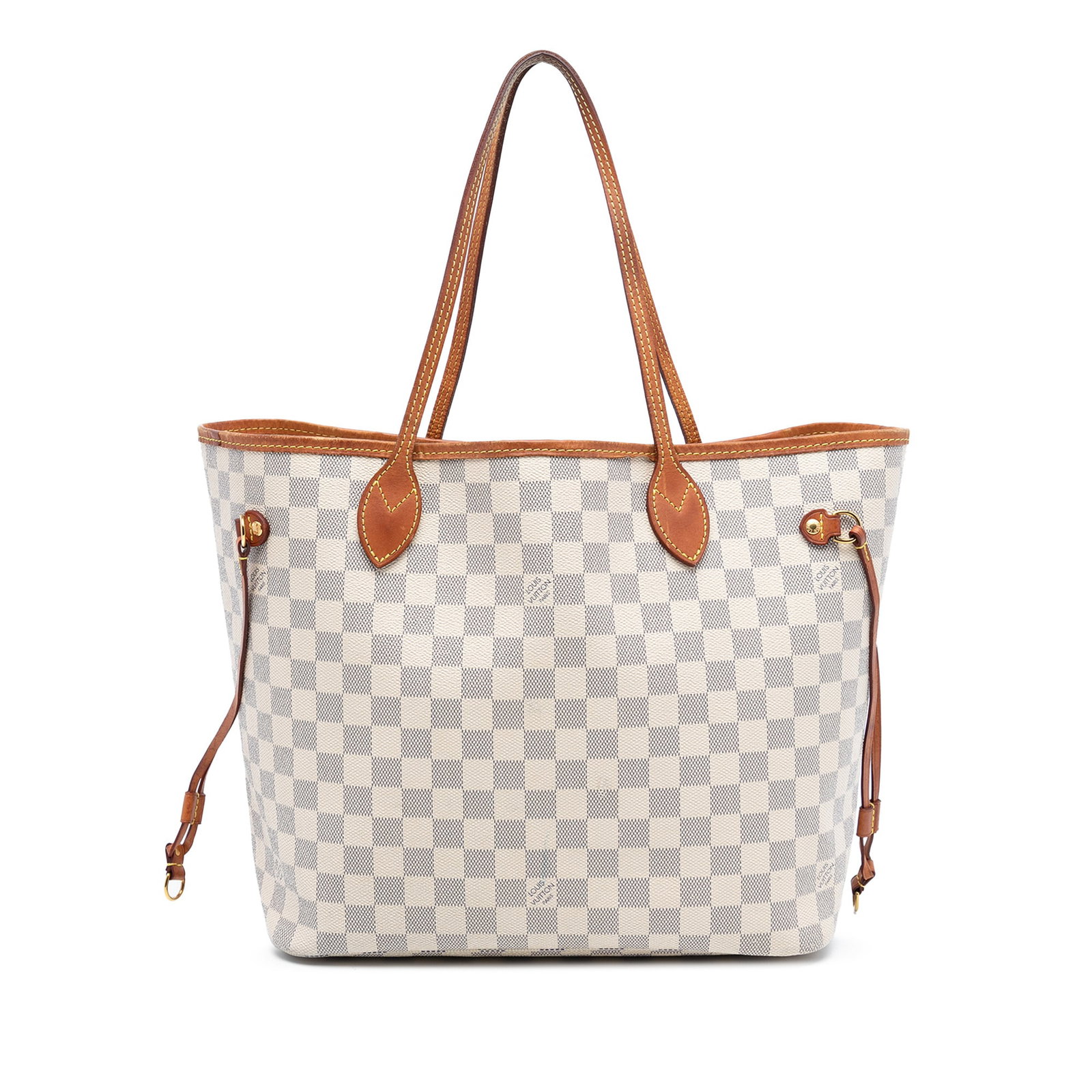 Damier Azur Canvas Neverfull MM Tote with Vachetta Leather Trim: Damier Azur Canvas Neverfull MM Tote with Vachetta Leather Trim This Louis Vuitton Neverfull MM features the signature Damier Azur canvas with vachetta leather trim and flat vachetta leather handles. 