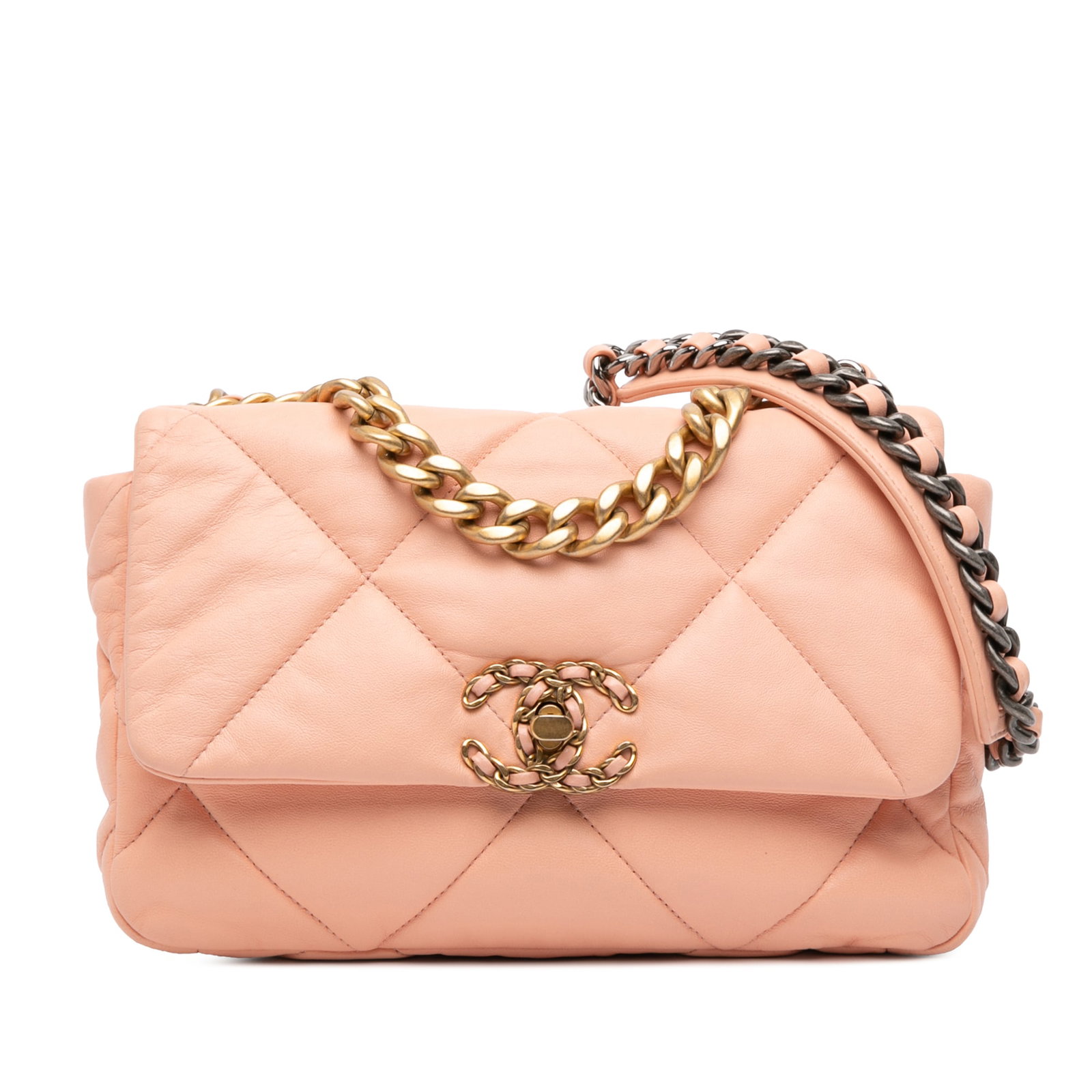 Chanel Medium 19 Flap Pink Lambskin Leather Bag: Chanel Medium 19 Flap Pink Lambskin Leather Bag Introducing the Chanel Medium Lambskin 19 Flap bag, a luxurious accessory crafted from exquisite quilted lambskin leather. This stylish bag features a c