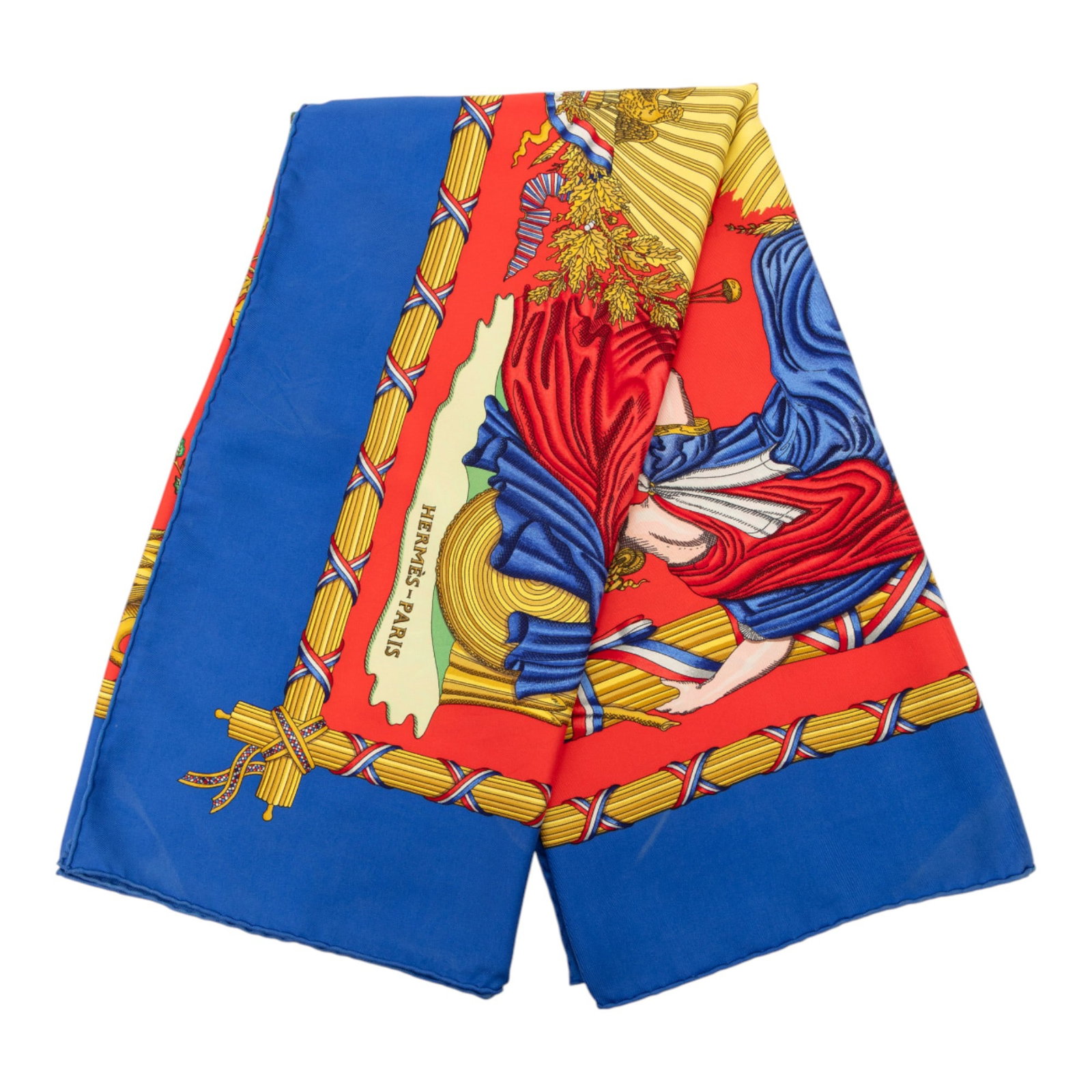 Republique Francaise Silk Scarf 90 by Hermes Red France: Republique Francaise Silk Scarf 90 by Hermes Red France This Hermes Republique Francaise Liberte Egalite Fraternite silk scarf features a vibrant red color and is crafted from 100% silk. The scarf is 