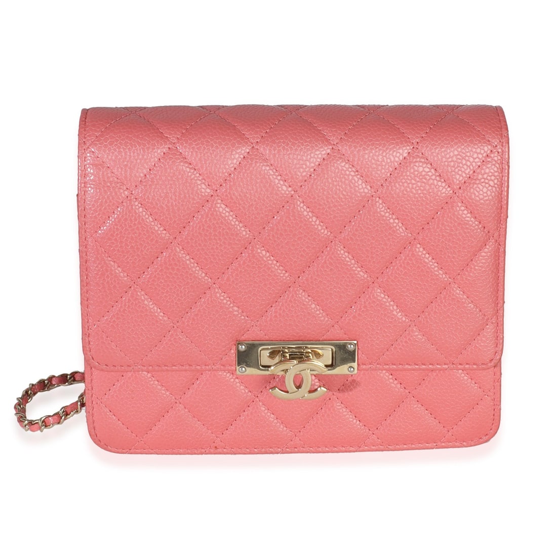 Chanel Golden Class Square Wallet On Chain Pink Iridescent Leather Crossbody Bag: Chanel Golden Class Square Wallet On Chain Pink Iridescent Leather Crossbody Bag This Chanel Golden Class Square Wallet On Chain features a pink iridescent quilted caviar leather exterior with gold-to
