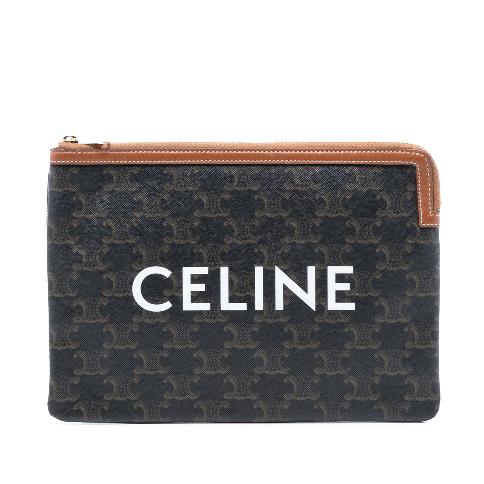 Small Triomphe Coated Canvas Zip Clutch Bag by Celine: Small Triomphe Coated Canvas Zip Clutch Bag by Celine This Celine Small Triomphe clutch features a coated canvas body with leather trim and a top zip closure. The bag has visible wear on the exterior 
