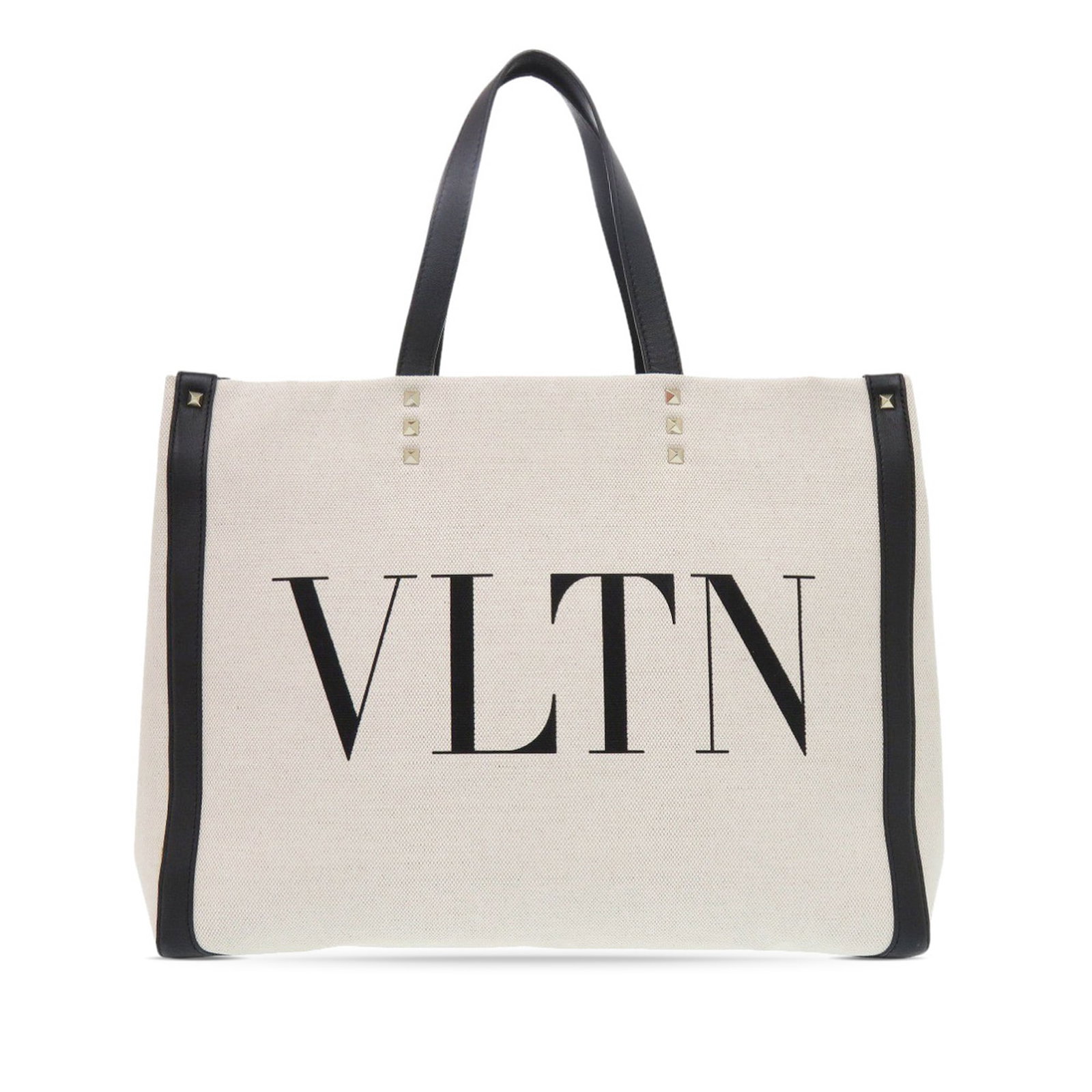 Valentino Rockstud VLTN Canvas Tote Bag with Leather Trim and Studs: Valentino Rockstud VLTN Canvas Tote Bag with Leather Trim and Studs This Valentino Medium Canvas Rockstud VLTN Tote features a canvas body with leather trim and signature stud detailing. It is designe
