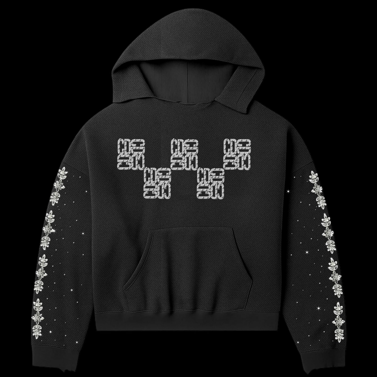 Carpe Diem Hoodie with Rhinestone CD Design in Black Cotton Fleece: Carpe Diem Hoodie with Rhinestone CD Design in Black Cotton Fleece This Carpe Diem Black Diamond Hoodie is crafted from ultra-soft cotton fleece for all-day warmth and breathability. It features a bol