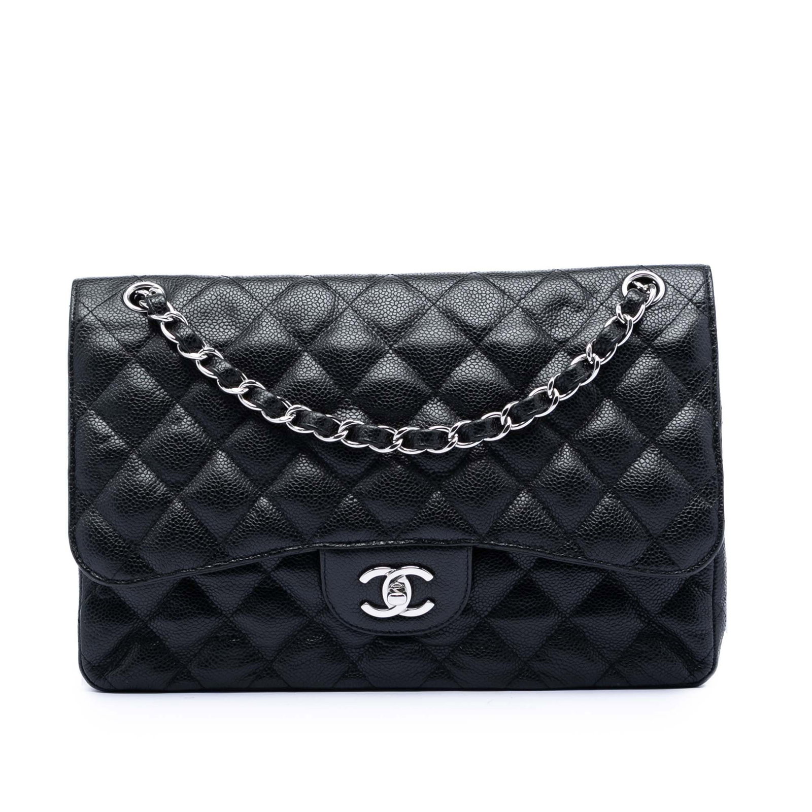 Black Quilted Leather Shoulder Bag Chanel Jumbo Classic Double Flap: Black Quilted Leather Shoulder Bag Chanel Jumbo Classic Double Flap This Chanel Jumbo Classic Caviar Double Flap shoulder bag features a quilted caviar leather body, leather-woven chain straps, a doub