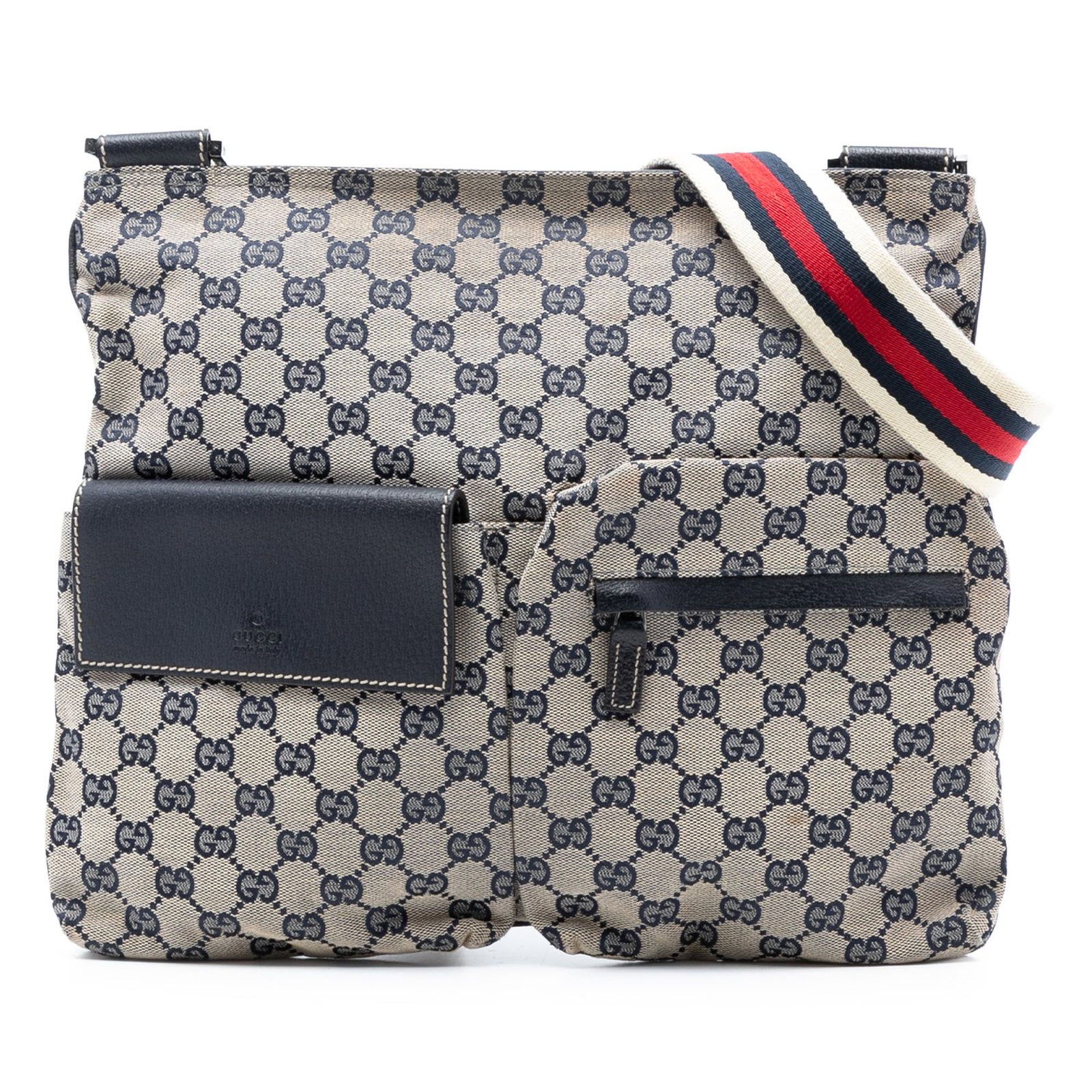Gucci GG Canvas Web Crossbody Bag with Double Front Pockets: Gucci GG Canvas Web Crossbody Bag with Double Front Pockets This Gucci GG Canvas Web Double Pocket Crossbody bag features a durable canvas body in gray, complemented by exterior front zip and flap poc