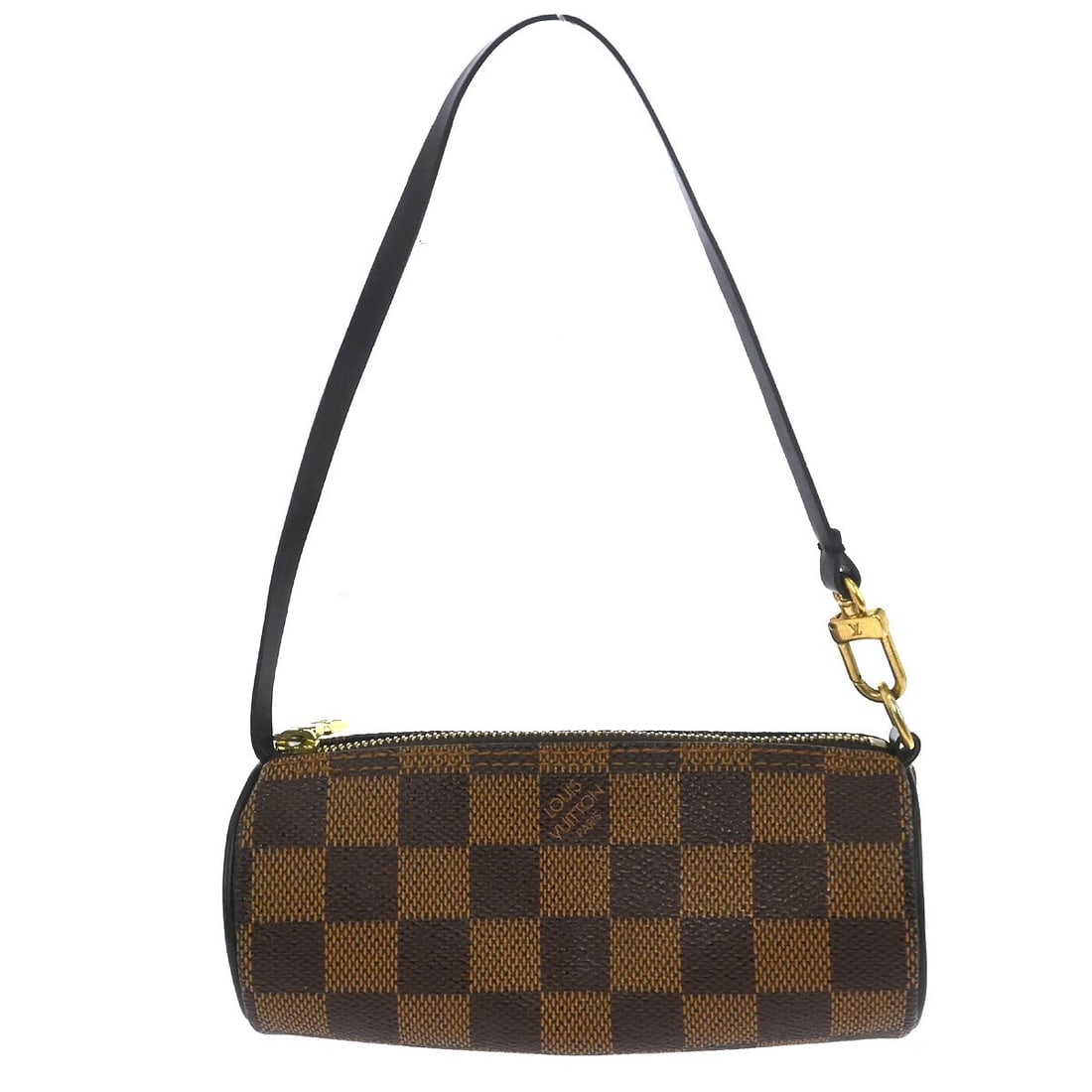 Louis Vuitton Papillon Damier Ebene Canvas Micro Handbag with Attached Pouch: Louis Vuitton Papillon Damier Ebene Canvas Micro Handbag with Attached Pouch This Louis Vuitton Papillon pouch features the signature Damier Ebene canvas with brown leather top handles. Designed in a 