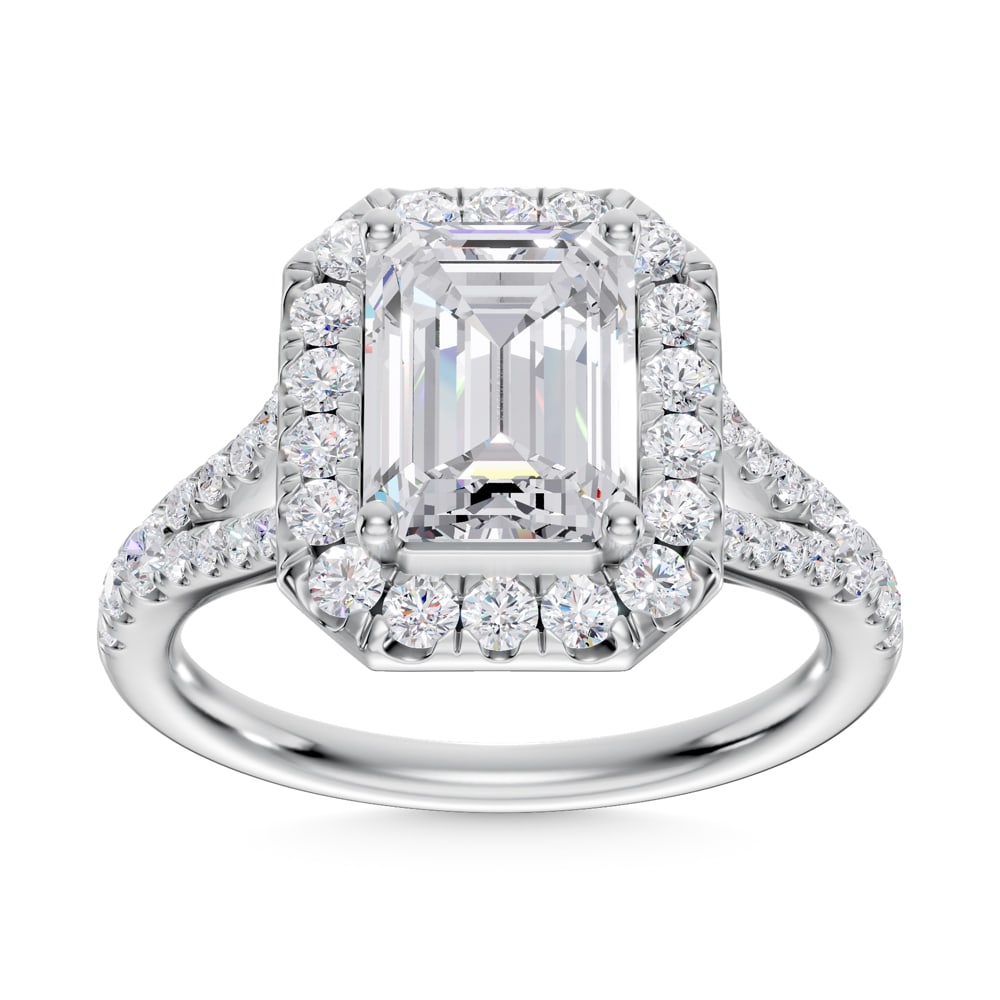14K White Gold Lab Grown Diamond 2 3/4 Ct.Tw. Emerald Shape Halo Engagement Ring: 14K White Gold Lab Grown Diamond 2 3/4 Ct.Tw. Emerald Shape Halo Engagement Ring Celebrate your forever moment with the timeless brilliance of our Halo Diamond Engagement Ring. This exquisite piece fe