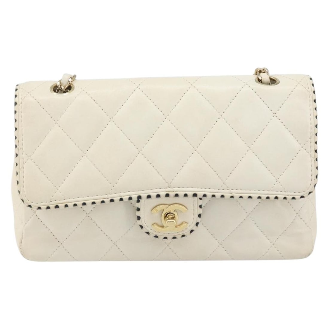 Chanel White Vintage Quilted Lambskin Single Flap Punched Edge Bag: Chanel White Vintage Quilted Lambskin Single Flap Punched Edge Bag This Chanel Vintage Punched Edge Classic Single Flap Bag is crafted from quilted lambskin leather in white. Designed for women, it fe
