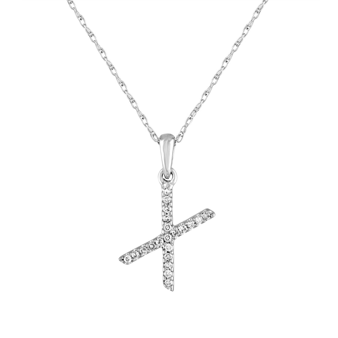 Diamond Pendant Necklace in 14K White Gold X Initial Design: Diamond Pendant Necklace in 14K White Gold X Initial Design This women's 14k white gold necklace features a round pendant adorned with white diamonds in the shape of the initial 'X.' The pendant is fr
