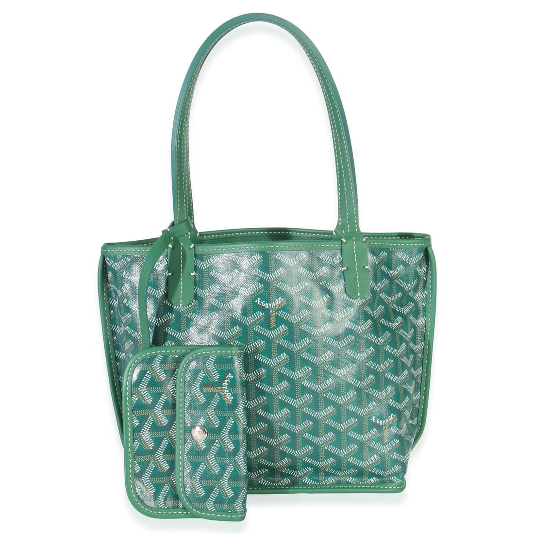Mini Anjou Tote in Green Canvas with Pochette by Goyard: Mini Anjou Tote in Green Canvas with Pochette by Goyard This Goyard Mini Anjou tote features green Goyardine canvas in a reversible design. The bag has an open top, silver-tone hardware, and a matchin