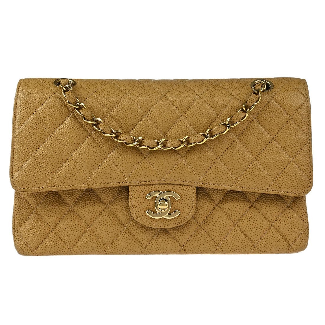 Chanel Beige Caviar Classic Double Flap Shoulder Bag: Chanel Beige Caviar Classic Double Flap Shoulder Bag Elevate your style with this exquisite Chanel Beige Calfskin Medium Classic Double Flap Shoulder Bag. Crafted in France, this iconic bag features a