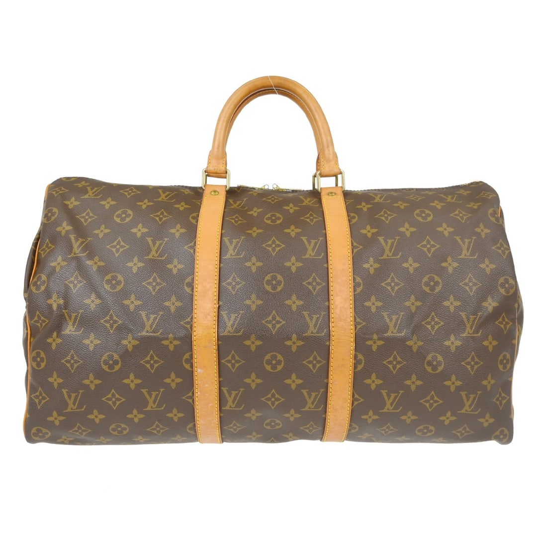 Keepall Monogram Canvas Travel Bag by Louis Vuitton: Keepall Monogram Canvas Travel Bag by Louis Vuitton This Louis Vuitton Keepall Bag features the iconic monogram canvas in a versatile unisex design. The bag showcases a classic brown color with natura
