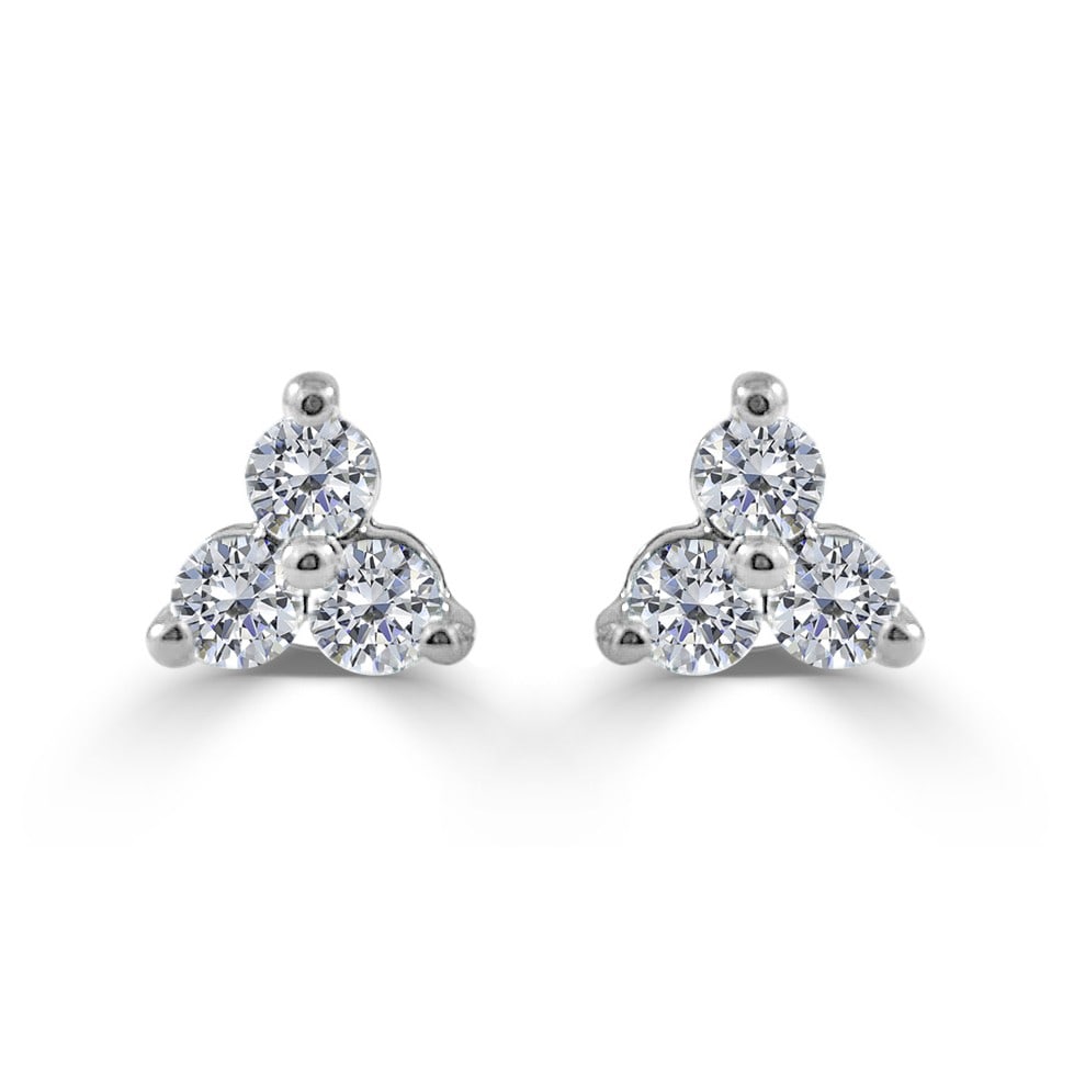 Women's 14KT White Gold Diamond Trio Stud Earrings 0.24 Ctw: Women's 14KT White Gold Diamond Trio Stud Earrings 0.24 Ctw These 14k white gold stud earrings feature a trio design adorned with a total of six round diamonds, offering a combined carat weight of 0.2