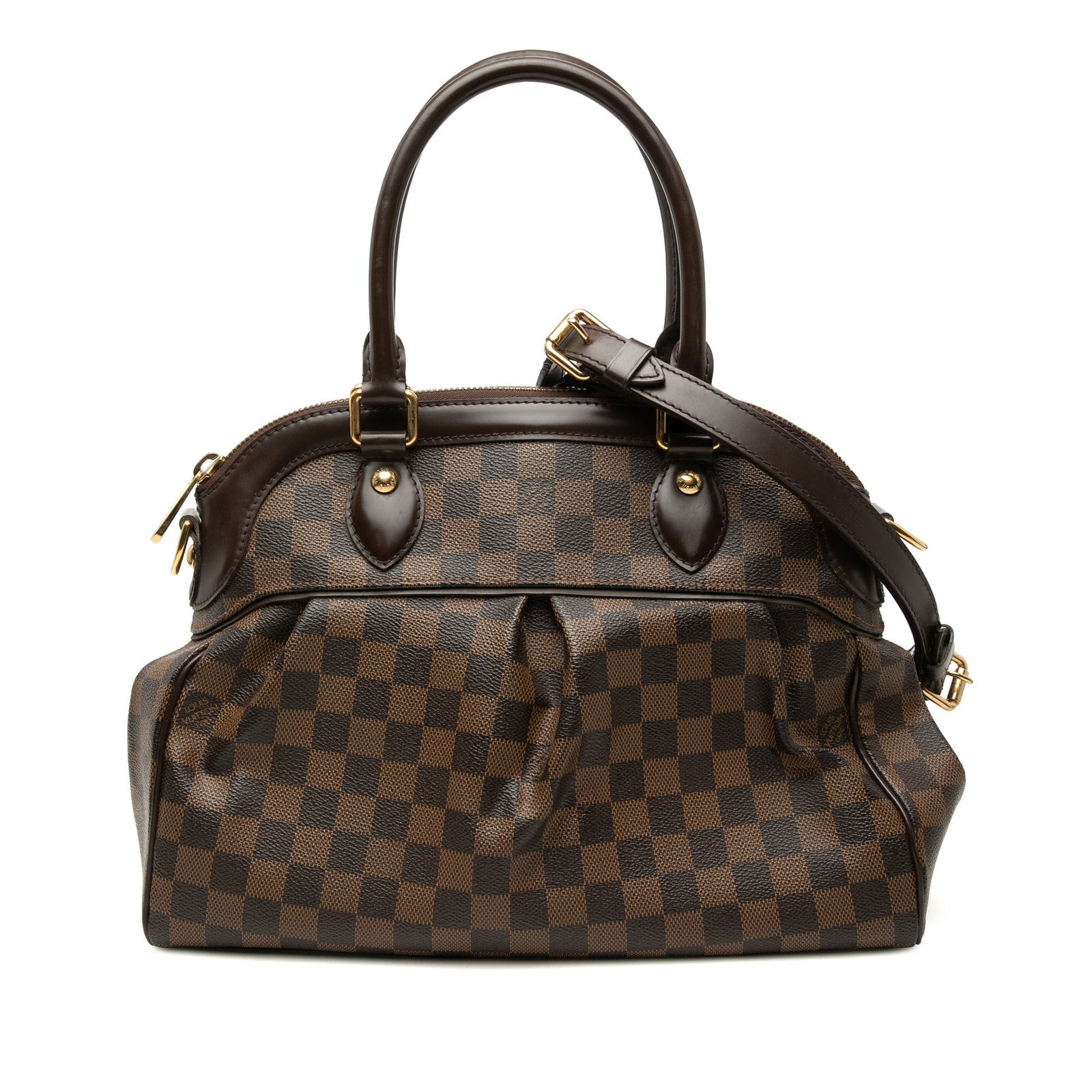 Louis Vuitton Trevi PM Brown Damier Ebene Canvas Satchel with Strap: Louis Vuitton Trevi PM Brown Damier Ebene Canvas Satchel with Strap This Louis Vuitton Damier Ebene Trevi PM features a signature damier ebene canvas body with leather trim, rolled leather handles, an