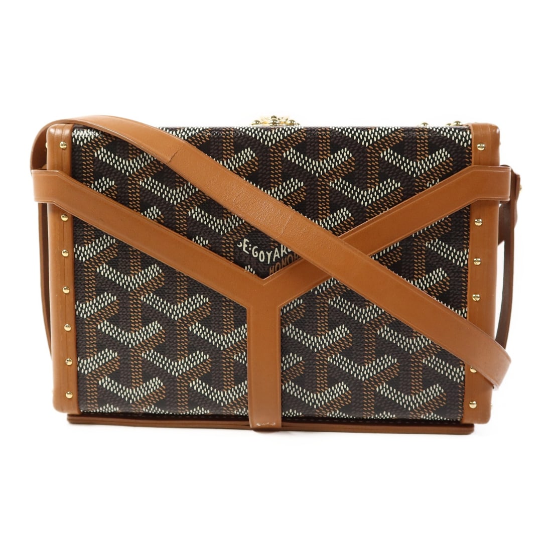 GOYARD Minaudiere Trunk Shoulder Bag PVC Brown: GOYARD Minaudiere Trunk Shoulder Bag PVC Brown This Goyard Minaudiere Trunk Shoulder Bag is a stylish accessory crafted from durable PVC coated canvas in a rich brown hue. The compact design features 