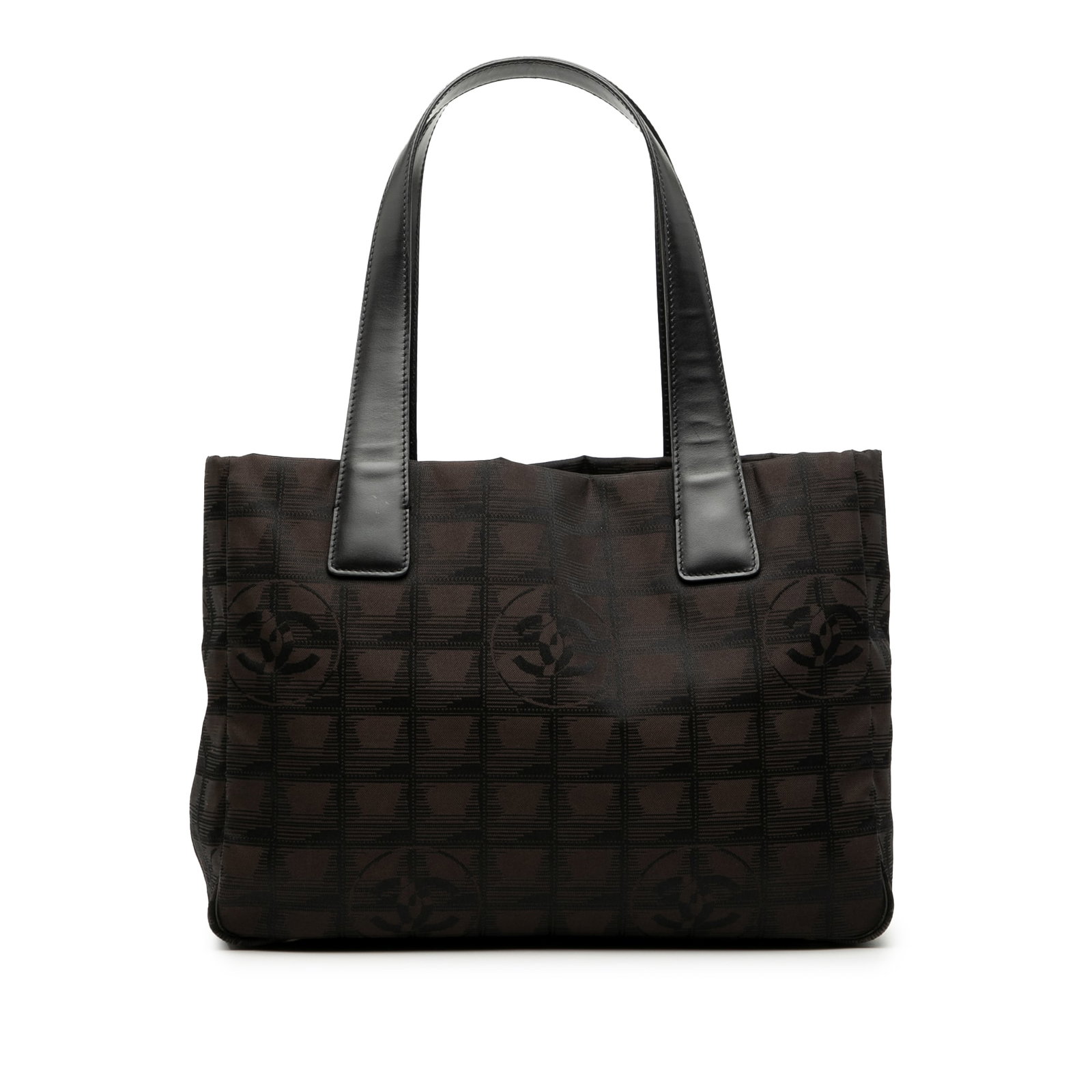 Chanel New Travel Line brown nylon tote bag with leather straps: Chanel New Travel Line brown nylon tote bag with leather straps This Chanel New Travel Line Nylon Tote features a brown fabric body with flat leather straps, an open top for easy access, and interior 