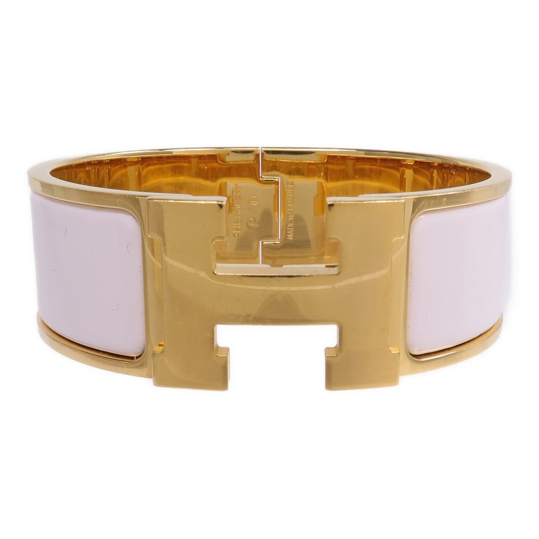 Hermes Clic Clac H Pink Enamel Gold Bracelet: Hermes Clic Clac H Pink Enamel Gold Bracelet This Hermes Clic Clac H bracelet features a pink enamel exterior paired with gold-tone metal accents, creating a signature and elegant look. Designed for w