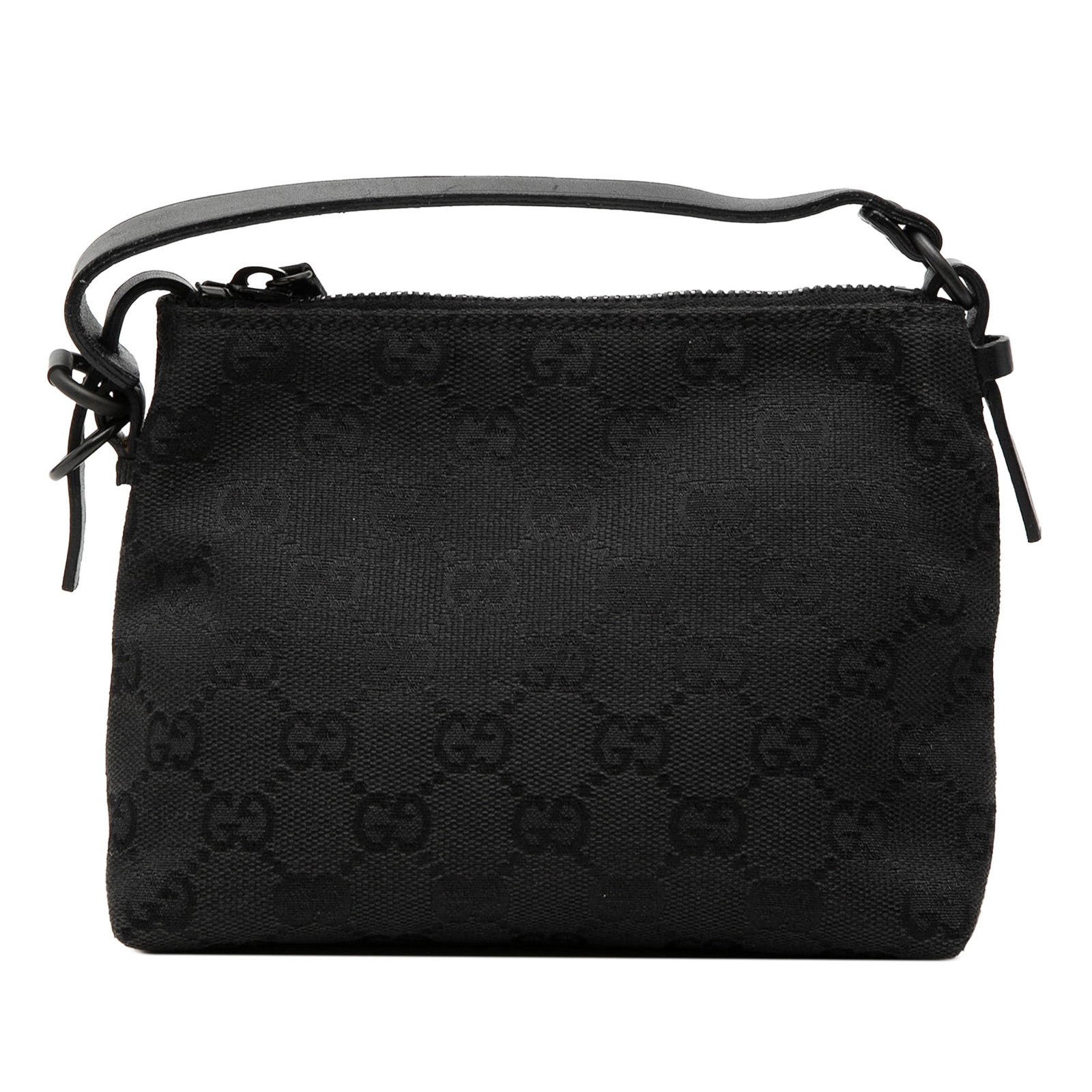 Gucci GG Canvas Black Fabric Shoulder Bag with Leather Strap: Gucci GG Canvas Black Fabric Shoulder Bag with Leather Strap This Gucci GG Canvas Handbag features a durable canvas body with a flat leather strap and a top zip closure. The bag comes in black and sho