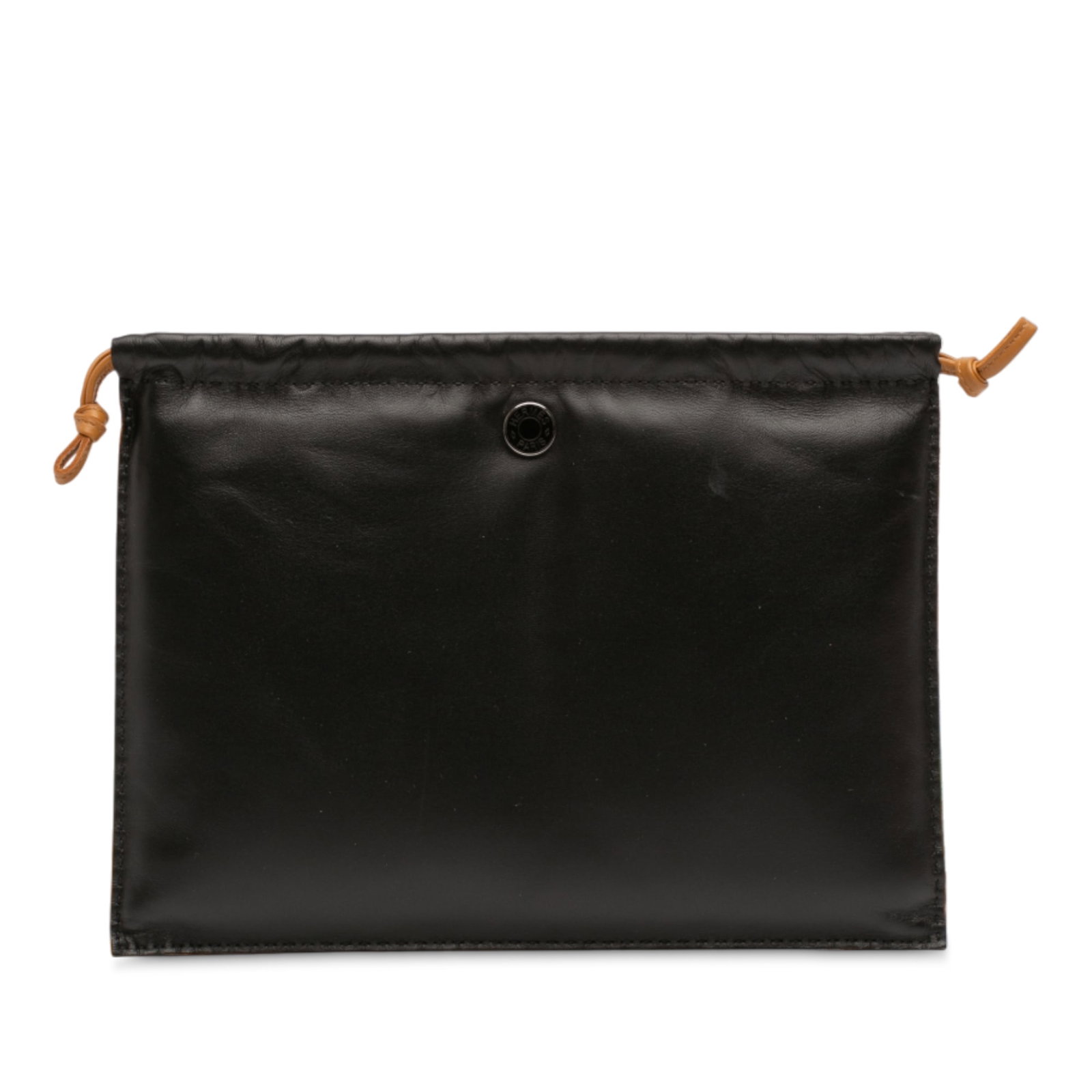 Black Lambskin Pilo Pouch by Hermes with Drawstring Closure: Black Lambskin Pilo Pouch by Hermes with Drawstring Closure This pouch is crafted from lambskin leather and features a top drawstring closure with exterior back metal D-rings. The color is black. Nota