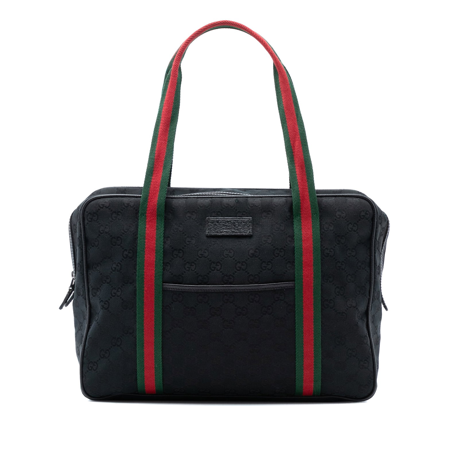 Black GG Canvas Web Briefcase Style Bag with Leather Trim by Gucci: Black GG Canvas Web Briefcase Style Bag with Leather Trim by Gucci This Gucci GG Canvas Web Business Bag is crafted with a canvas body featuring leather trim. It offers flat handles, a top zip closure
