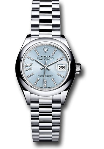 Ladies Rolex Datejust President 279166 Ice Blue Diamond Dial President Bracelet: Ladies Rolex Datejust President 279166 Ice Blue Diamond Dial President Bracelet This ladies Rolex Datejust President features an ice blue dial with diamond index markers, a smooth bezel, and a Preside