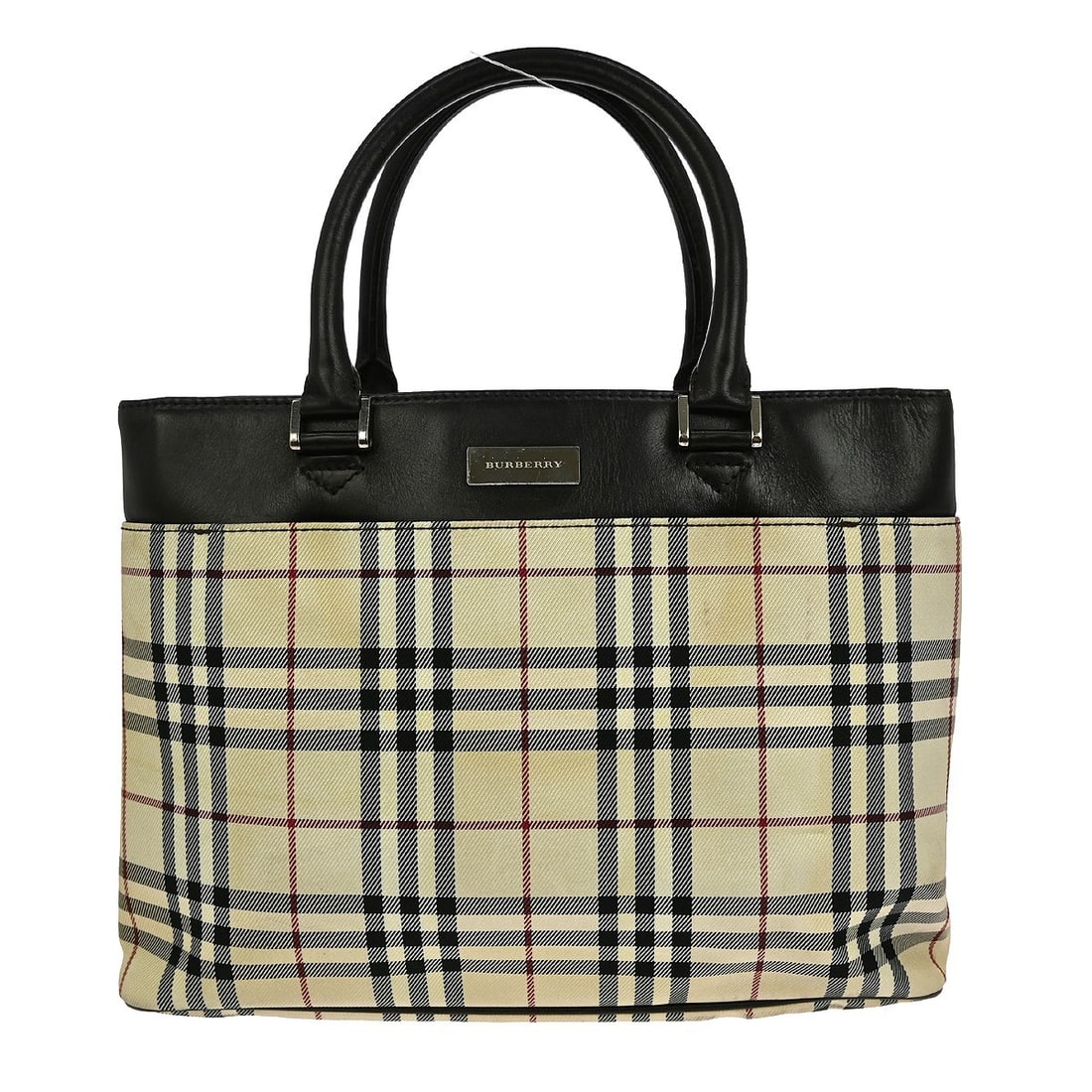 Burberry House Check Beige Canvas Tote with Brown Leather Handles: Burberry House Check Beige Canvas Tote with Brown Leather Handles This Burberry Beige Canvas Check Tote Handbag is a stylish accessory perfect for casual occasions. Featuring a classic check pattern a