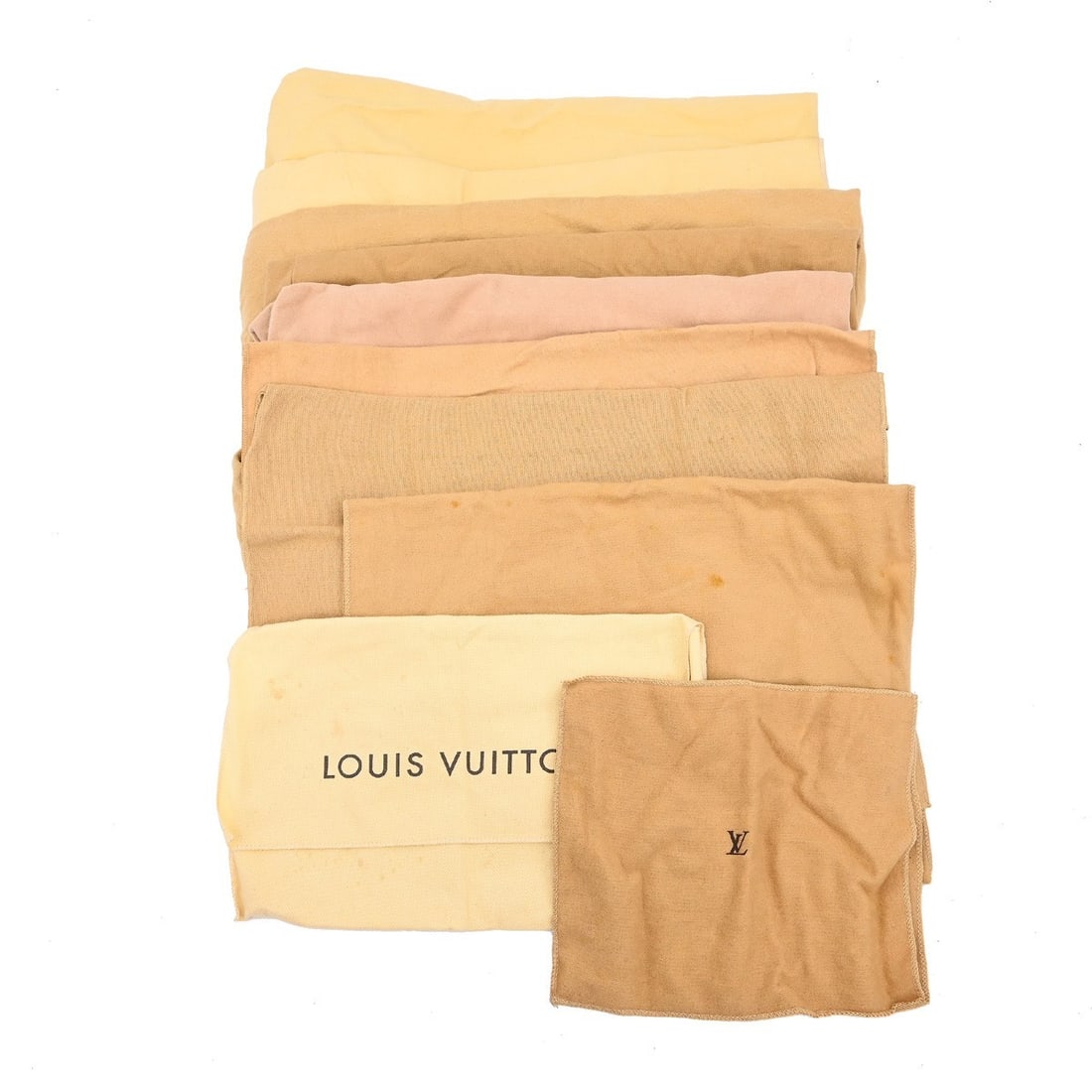 Set of 10 Louis Vuitton Brown Beige Cotton Dustbags: Set of 10 Louis Vuitton Brown Beige Cotton Dustbags This is a set of ten Louis Vuitton dust bags in brown and beige, crafted from 100% cotton. Designed for unisex use, these dust bags are ideal for pr