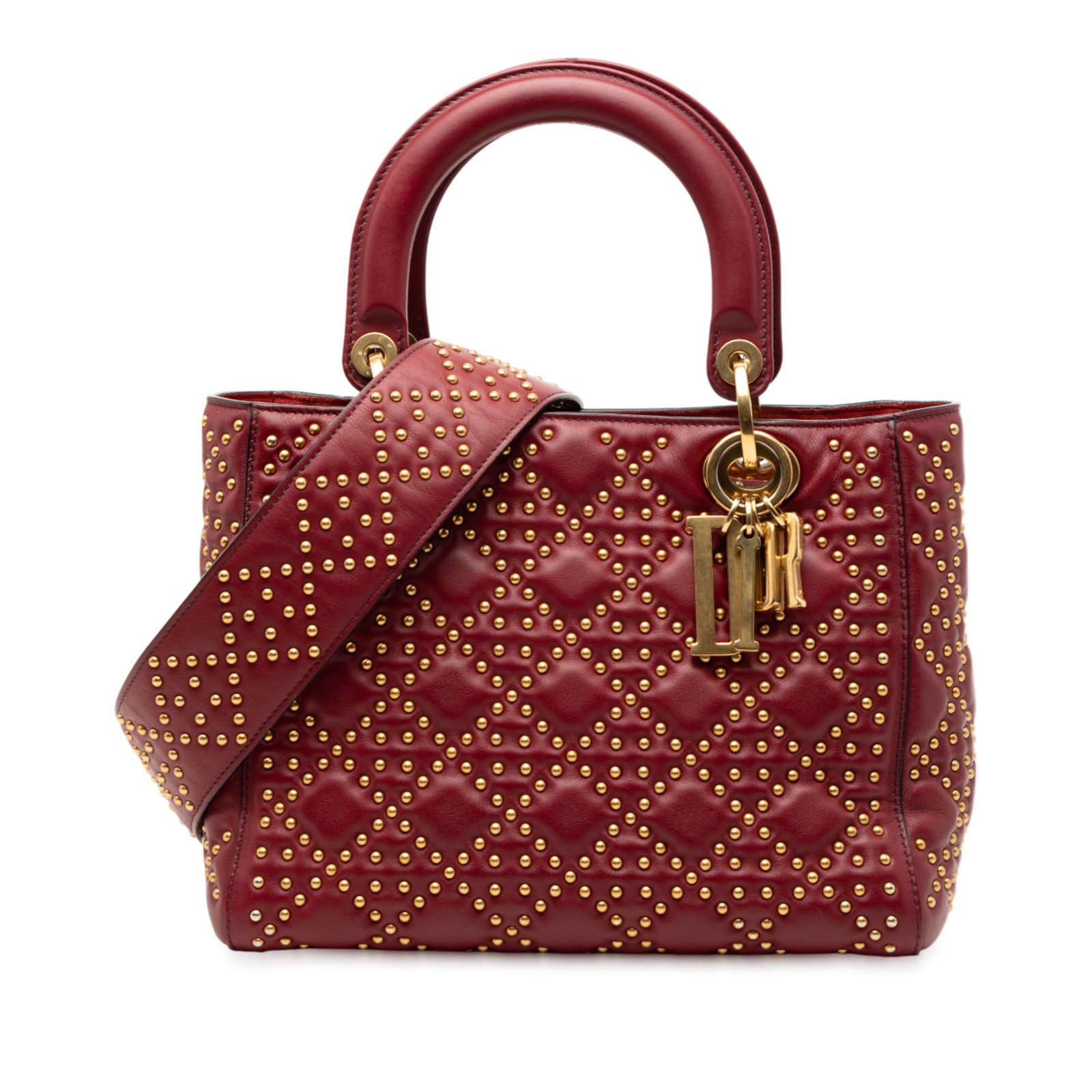 Dior Lady Dior Medium Studded Red Lambskin Bag with Detachable Strap: Dior Lady Dior Medium Studded Red Lambskin Bag with Detachable Strap This Lady Dior bag features a red studded lambskin leather body with Cannage quilting, flat handles, a detachable flat strap, a top