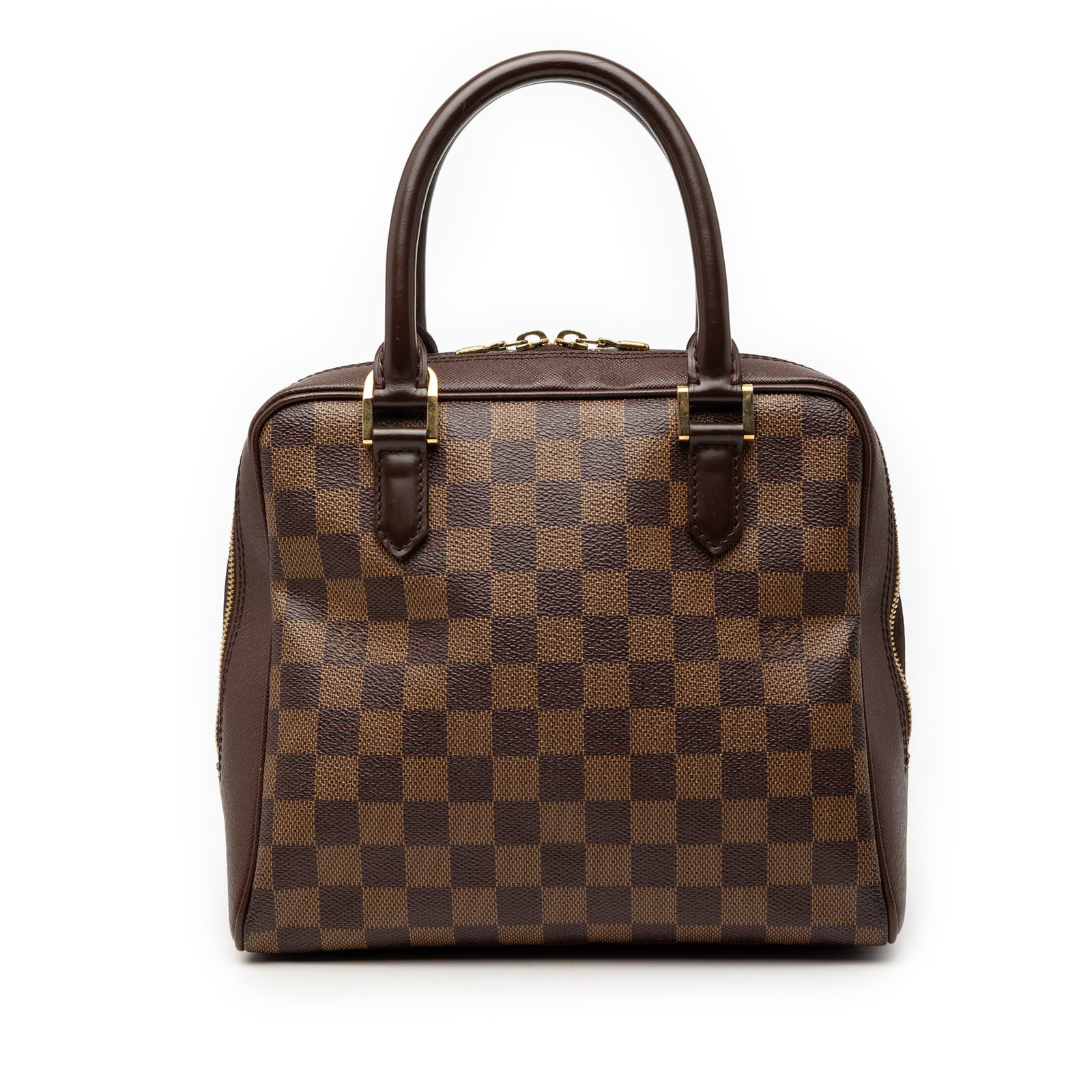 Damier Ebene Brera bag with leather trim by Louis Vuitton: Damier Ebene Brera bag with leather trim by Louis Vuitton The Louis Vuitton Damier Ebene Brera features a signature Damier Ebene canvas body with leather trim, rolled leather handles, a top zip closur