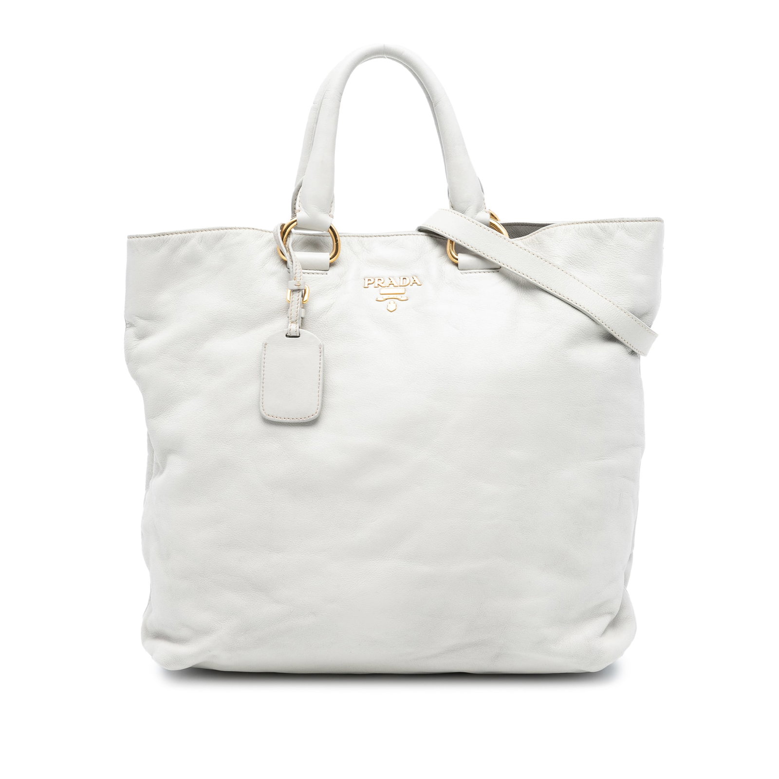 Prada Soft Calf Convertible White Leather Tote with Detachable Strap: Prada Soft Calf Convertible White Leather Tote with Detachable Strap This Prada Soft Calf Open Convertible Tote features a white leather body with rolled leather handles and a detachable flat leather 