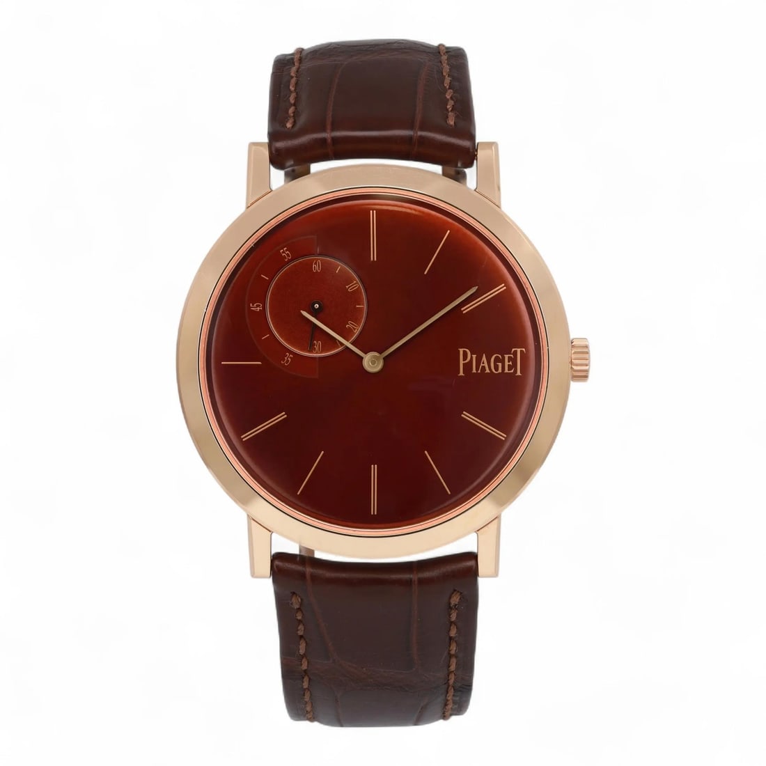 Altiplano Manual 18k Rose Gold 40mm Brown Dial Limited Edition Men's Watch: Altiplano Manual 18k Rose Gold 40mm Brown Dial Limited Edition Men's Watch This Piaget Altiplano 40mm wristwatch is a limited edition of 200 pieces, featuring an 18k rose gold case with a polished fin