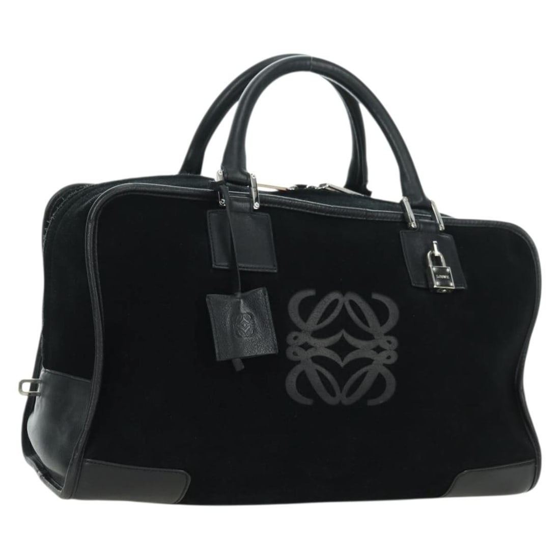 LOEWE Amazona 36 suede black silver handbag with dust bag padlock keys: LOEWE Amazona 36 suede black silver handbag with dust bag padlock keys This LOEWE Amazona 36 hand bag features a black suede exterior with silver-tone accents. Crafted in Spain, it is designed for wom