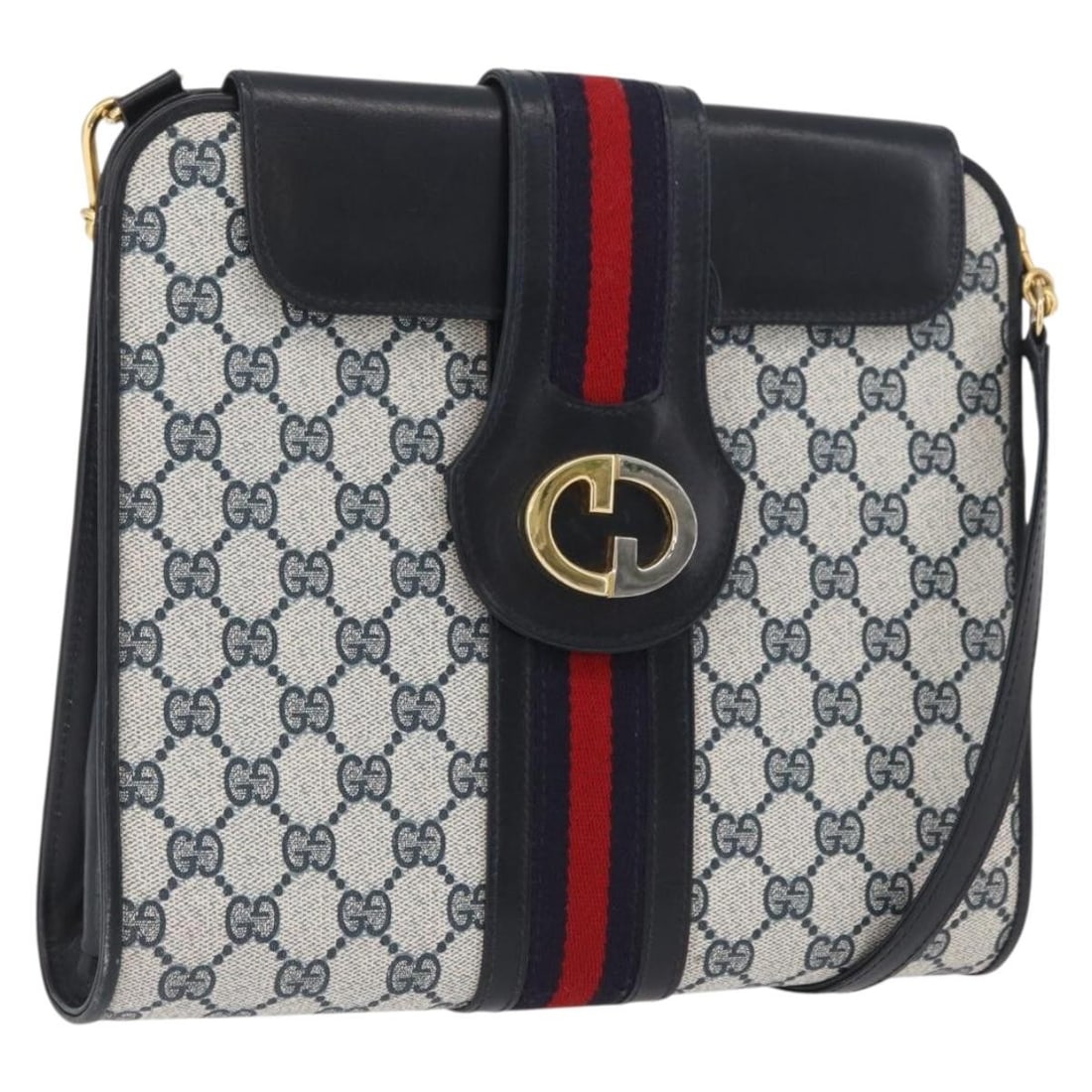 Gucci Sherry Line Navy GG Supreme PVC Shoulder Bag with Dust Bag: Gucci Sherry Line Navy GG Supreme PVC Shoulder Bag with Dust Bag This is a GUCCI GG Supreme Sherry Line shoulder bag, crafted from PVC leather and GG canvas in navy and gold tones. Designed for women,