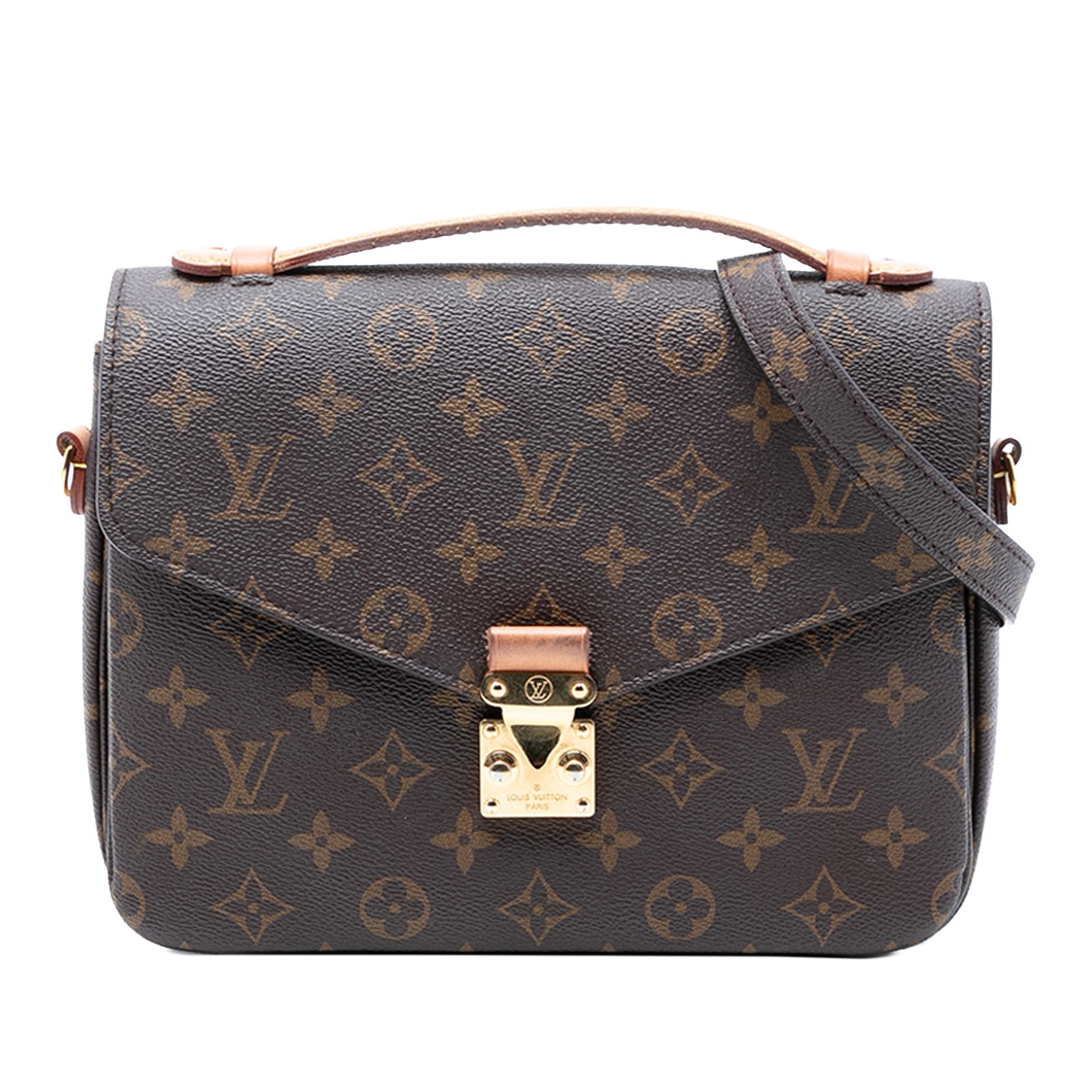 Louis Vuitton Pochette Metis Brown Monogram Canvas Shoulder Bag With S-Lock: Louis Vuitton Pochette Metis Brown Monogram Canvas Shoulder Bag With S-Lock The Louis Vuitton Monogram Pochette Metis features a monogram canvas body with a flat vachetta leather top handle and a deta