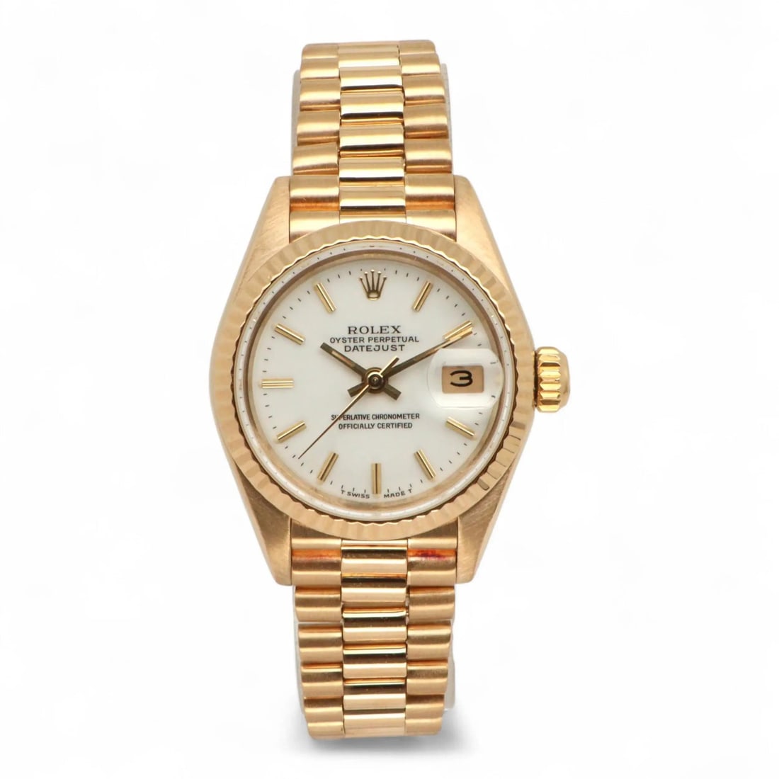 Rolex President Lady-Datejust 26mm Yellow Gold Linen White Dial Automatic Watch: Rolex President Lady-Datejust 26mm Yellow Gold Linen White Dial Automatic Watch This Rolex Lady-Datejust President is a luxury wristwatch designed for women, crafted in 18K yellow gold. Featuring a 26