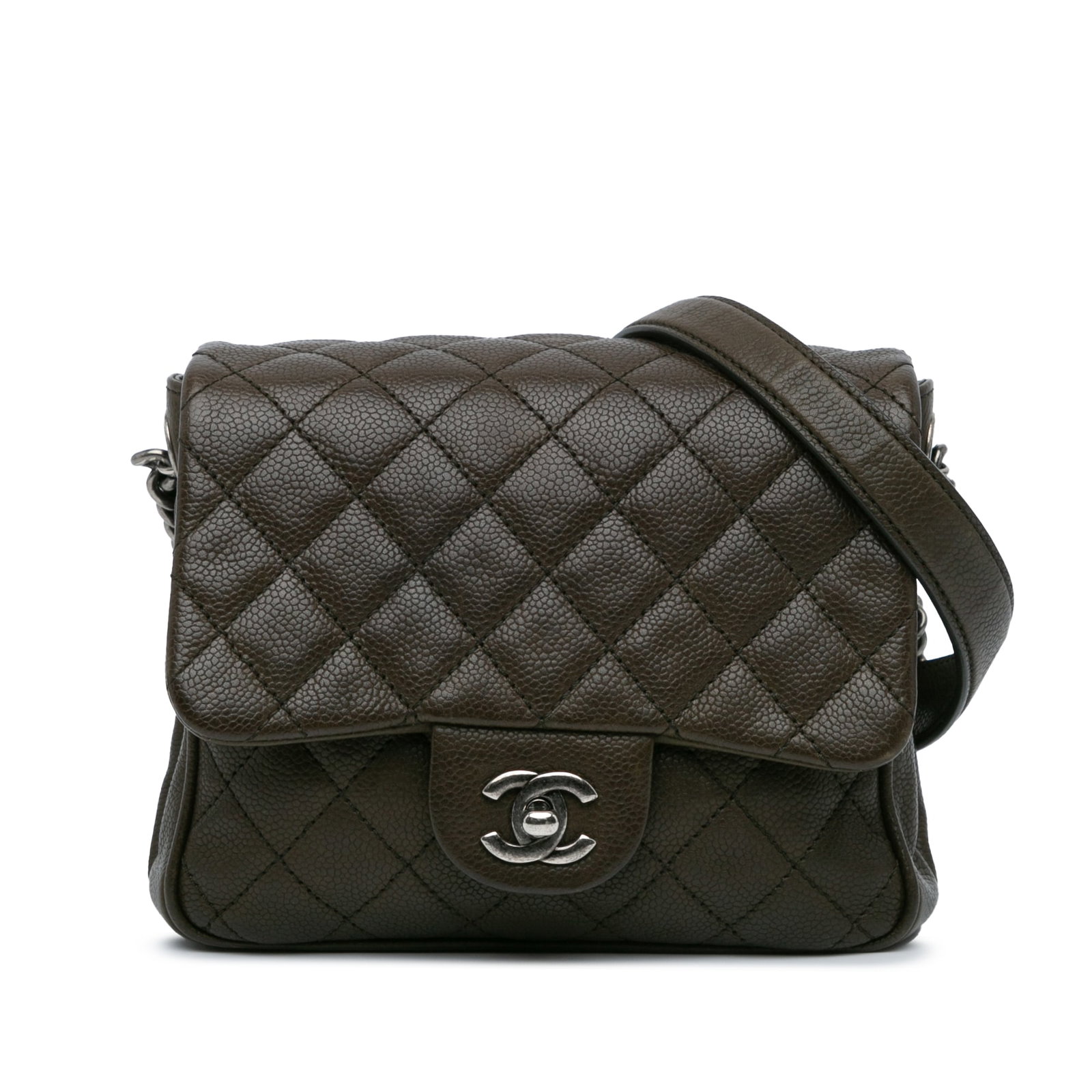 Chanel CC Quilted Caviar Brown Crossbody Bag: Chanel CC Quilted Caviar Brown Crossbody Bag The Chanel CC Quilted Caviar Crossbody bag is a luxurious accessory crafted from quilted caviar leather, featuring a stylish chain link shoulder strap with
