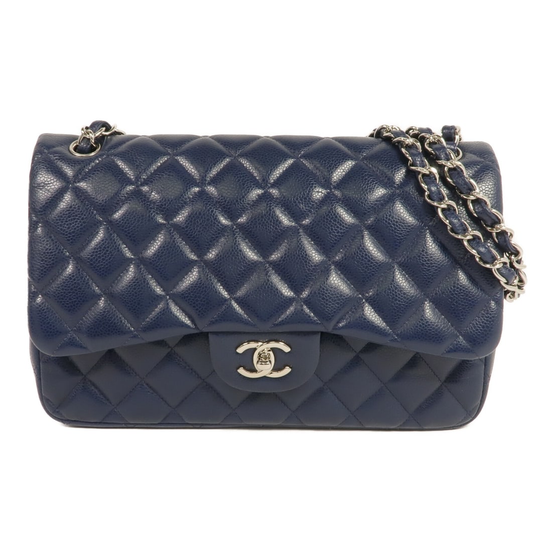 Chanel Classic Large Blue Calfskin Chain Shoulder Bag with Silver Hardware: Chanel Classic Large Blue Calfskin Chain Shoulder Bag with Silver Hardware This CHANEL shoulder bag features a large classic CC design with silver-tone hardware and is crafted from blue calfskin leath