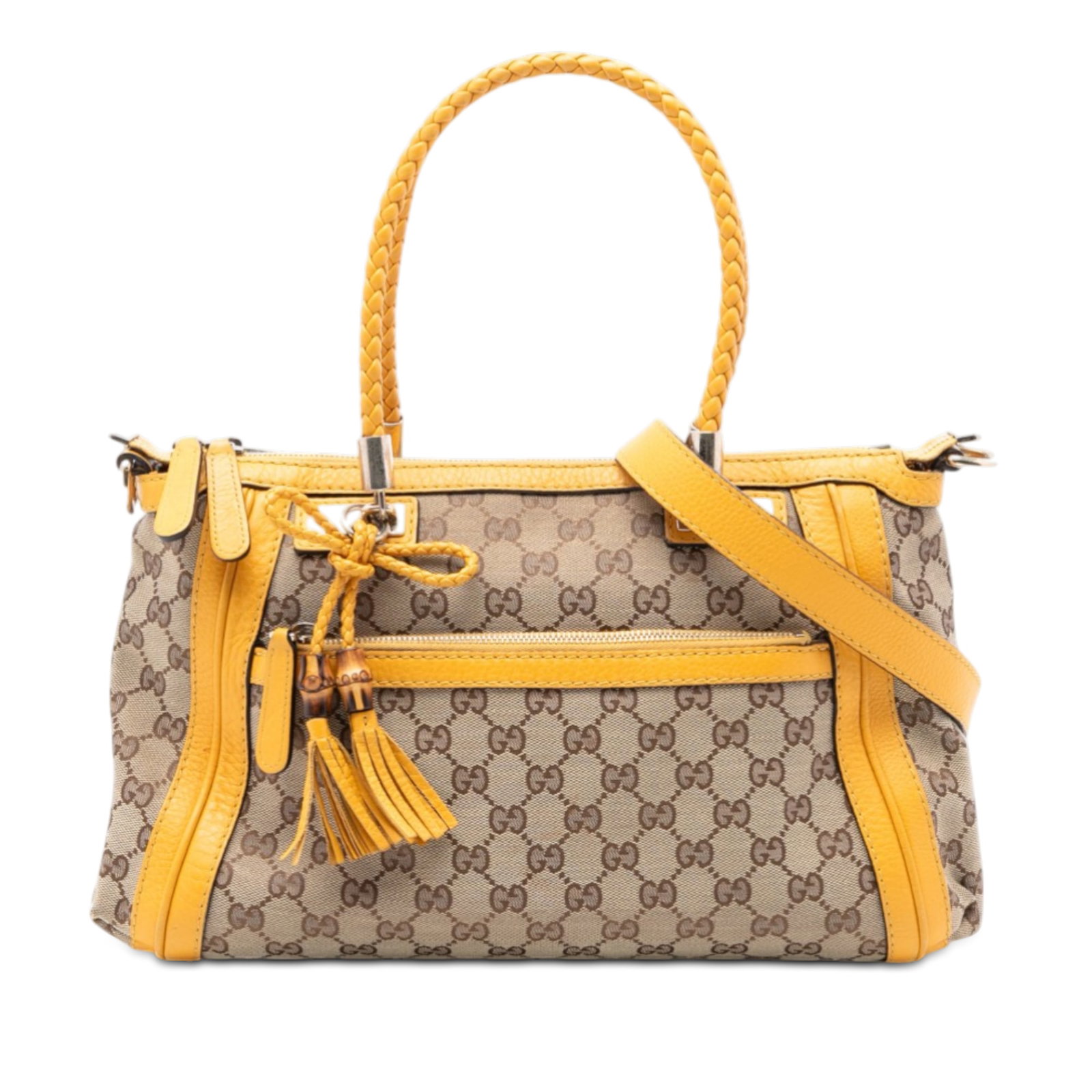 Gucci Bella Beige Canvas Satchel with Leather Trim and Tassel: Gucci Bella Beige Canvas Satchel with Leather Trim and Tassel This Gucci GG Canvas Bella Satchel features a beige canvas body with leather trim, braided leather handles, a detachable flat leather shou