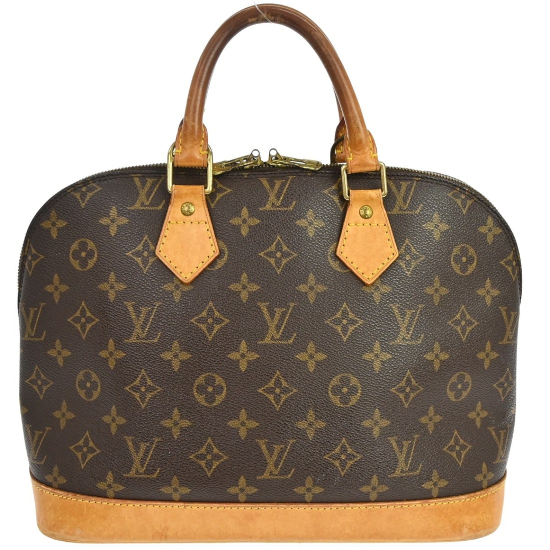 Louis Vuitton Alma Monogram Canvas Medium Brown Handbag M51130: Louis Vuitton Alma Monogram Canvas Medium Brown Handbag M51130 This Louis Vuitton Alma handbag features the signature Monogram canvas, accented with a zip closure and double beige handles. Designed in