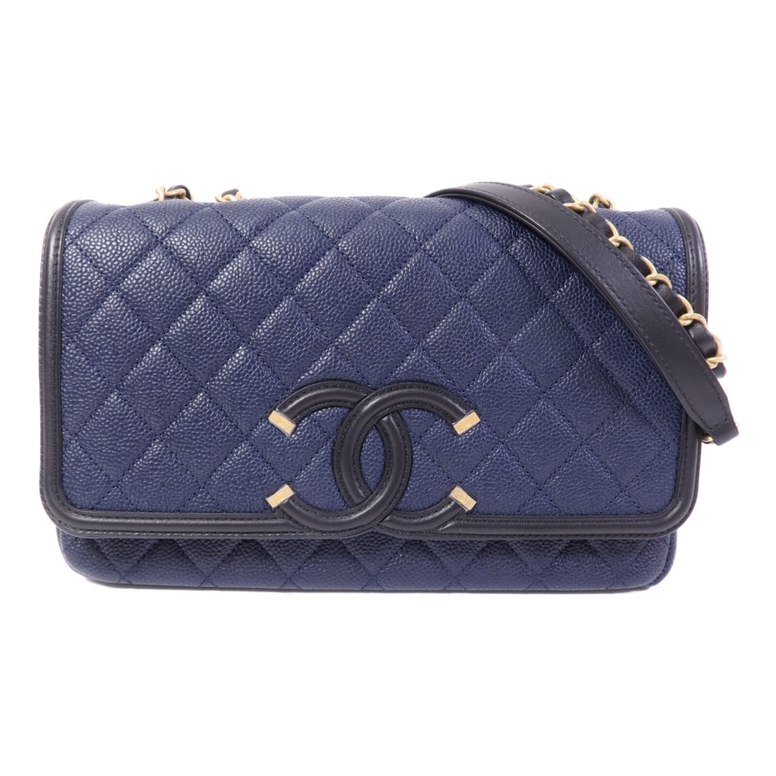 Chanel Filigree Navy Calfskin Leather Shoulder Bag with Gold Hardware: Chanel Filigree Navy Calfskin Leather Shoulder Bag with Gold Hardware This CHANEL CC Filigree chain shoulder bag is crafted from navy calfskin leather with black detailing. It features the iconic CC l