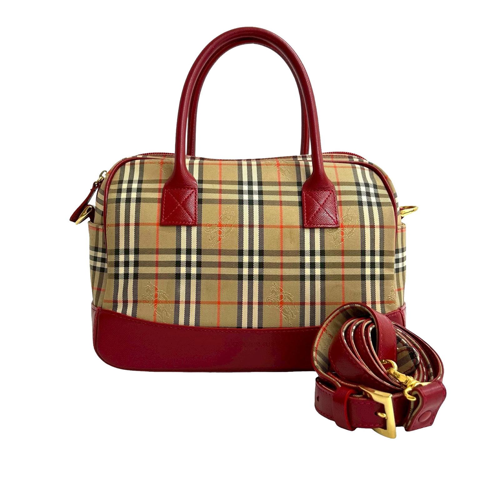 Burberry Haymarket Check Beige Canvas Satchel with Leather Trim and Shoulder Strap: Burberry Haymarket Check Beige Canvas Satchel with Leather Trim and Shoulder Strap This Burberry satchel features the iconic Haymarket check canvas body with leather trim, rolled leather handles, and 