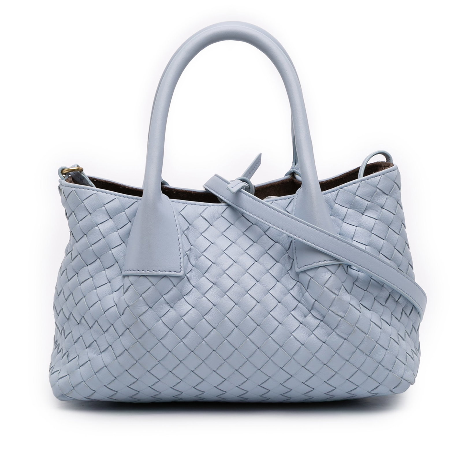Blue Intrecciato Leather Pinacoteca Satchel by Bottega Veneta with Strap: Blue Intrecciato Leather Pinacoteca Satchel by Bottega Veneta with Strap This Bottega Veneta Small Calfskin Intrecciato Pinacoteca Tote features a woven leather body, rolled leather top handles, and a