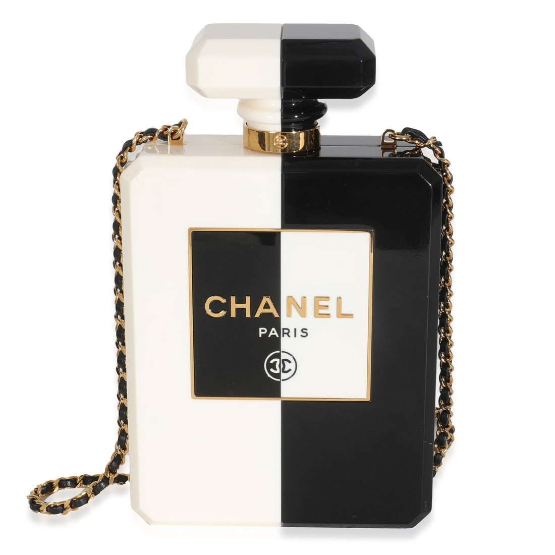 Chanel Perfume Bottle Plexiglass Clutch in White and Black: Chanel Perfume Bottle Plexiglass Clutch in White and Black This Chanel Perfume Bottle Clutch features a distinctive design crafted from white and black plexiglass. The bag is styled as a shoulder bag 