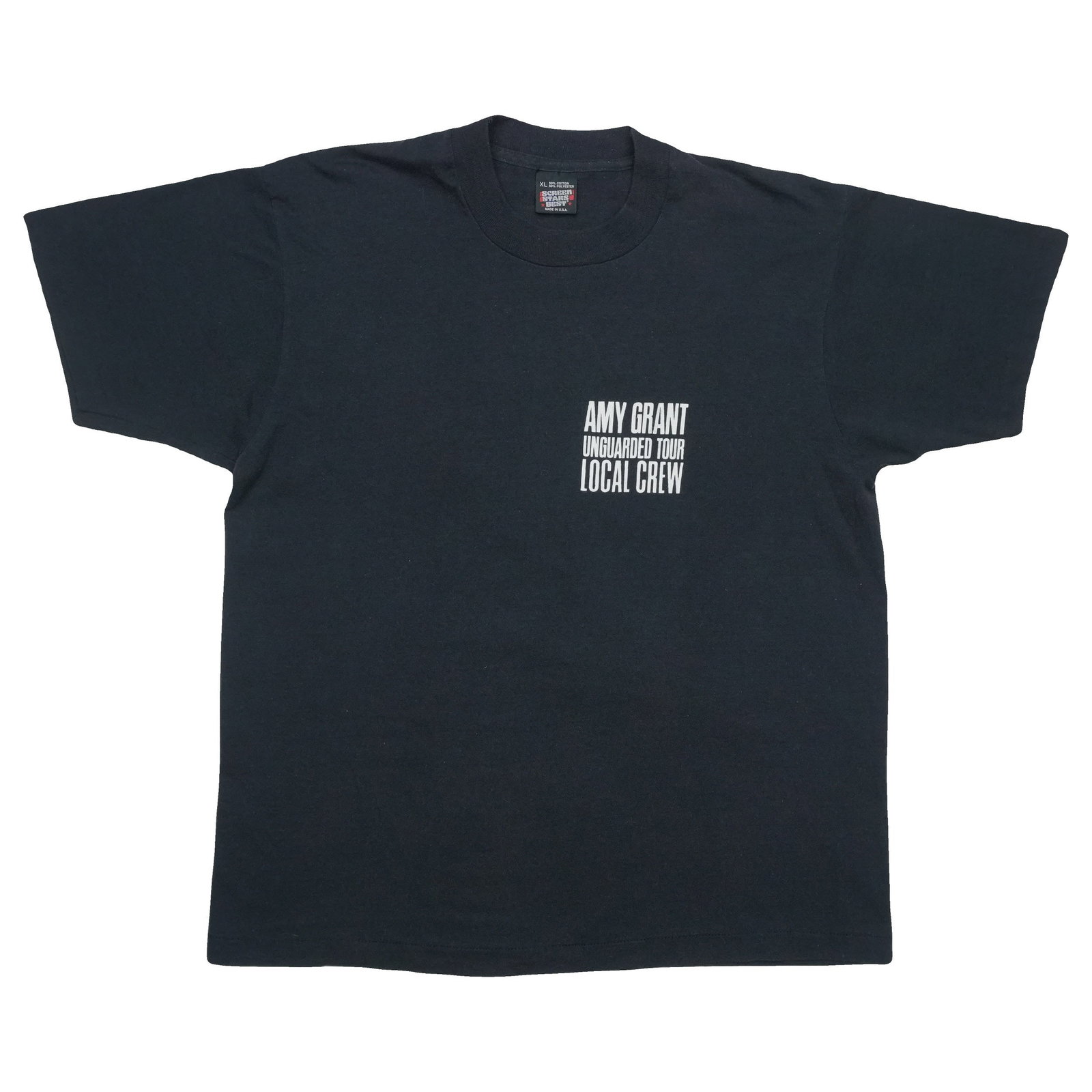 Vintage Amy Grant Unguarded Tour 1980s Crew T Shirt Black Poly Cotton: Vintage Amy Grant Unguarded Tour 1980s Crew T Shirt Black Poly Cotton This is an original vintage crew shirt from the 1980s Amy Grant Unguarded Tour. The shirt is made from a 50/50 poly/cotton blend a