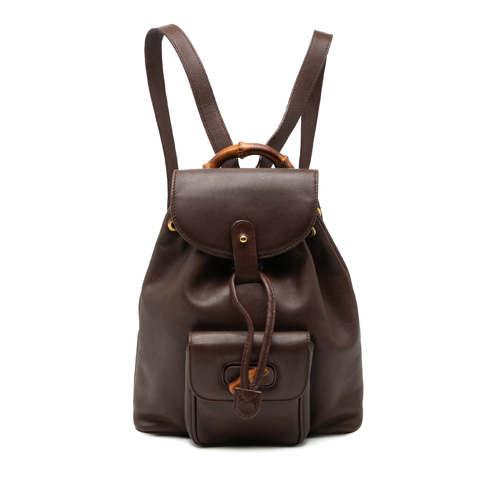 Gucci Bamboo Handle Brown Leather Drawstring Backpack with Flap Pocket: Gucci Bamboo Handle Brown Leather Drawstring Backpack with Flap Pocket This brown leather backpack features a bamboo top handle, flat leather back straps, a top flap with drawstring closure, and an ex