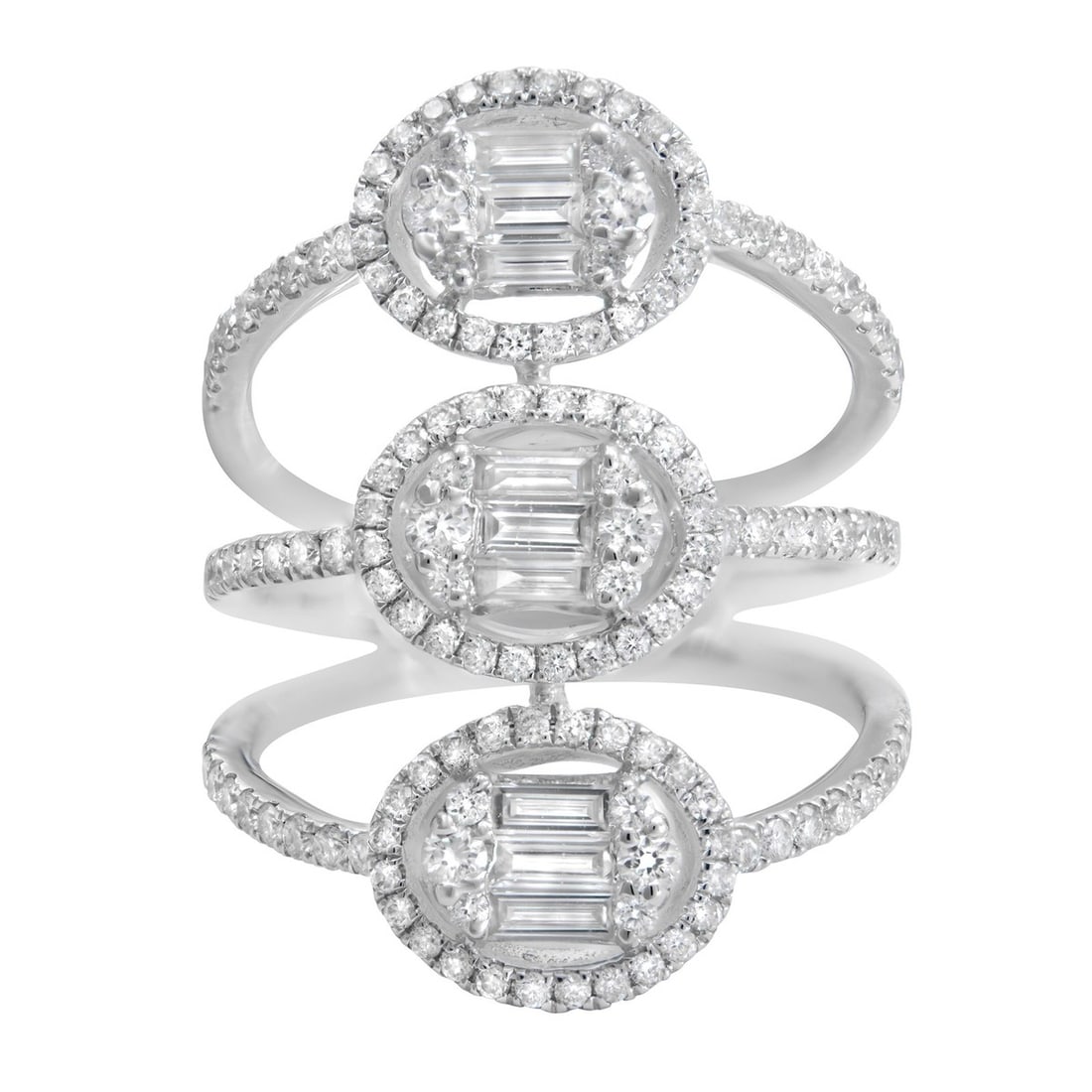 Rachel Koen 18K White Gold Diamond Cocktail Ring Size 6.5: Rachel Koen 18K White Gold Diamond Cocktail Ring Size 6.5 This elegant three row cocktail ring features small round and baguette cut diamonds with a total weight of 1.14 carats. Crafted from 18K white