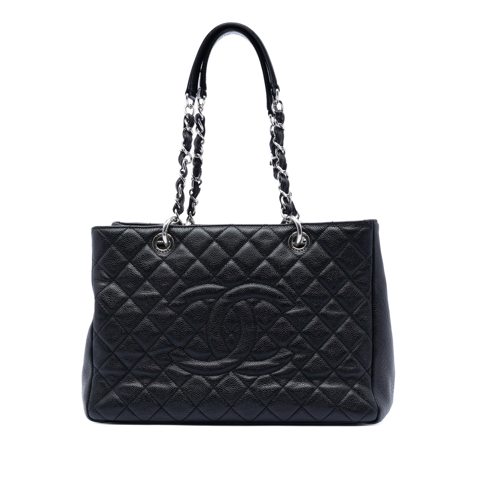 Black Quilted Caviar Leather Grand Shopping Tote by Chanel: Black Quilted Caviar Leather Grand Shopping Tote by Chanel This Chanel Grand Shopping Tote features a quilted Caviar leather exterior in black, complemented by leather-woven chain shoulder straps. The